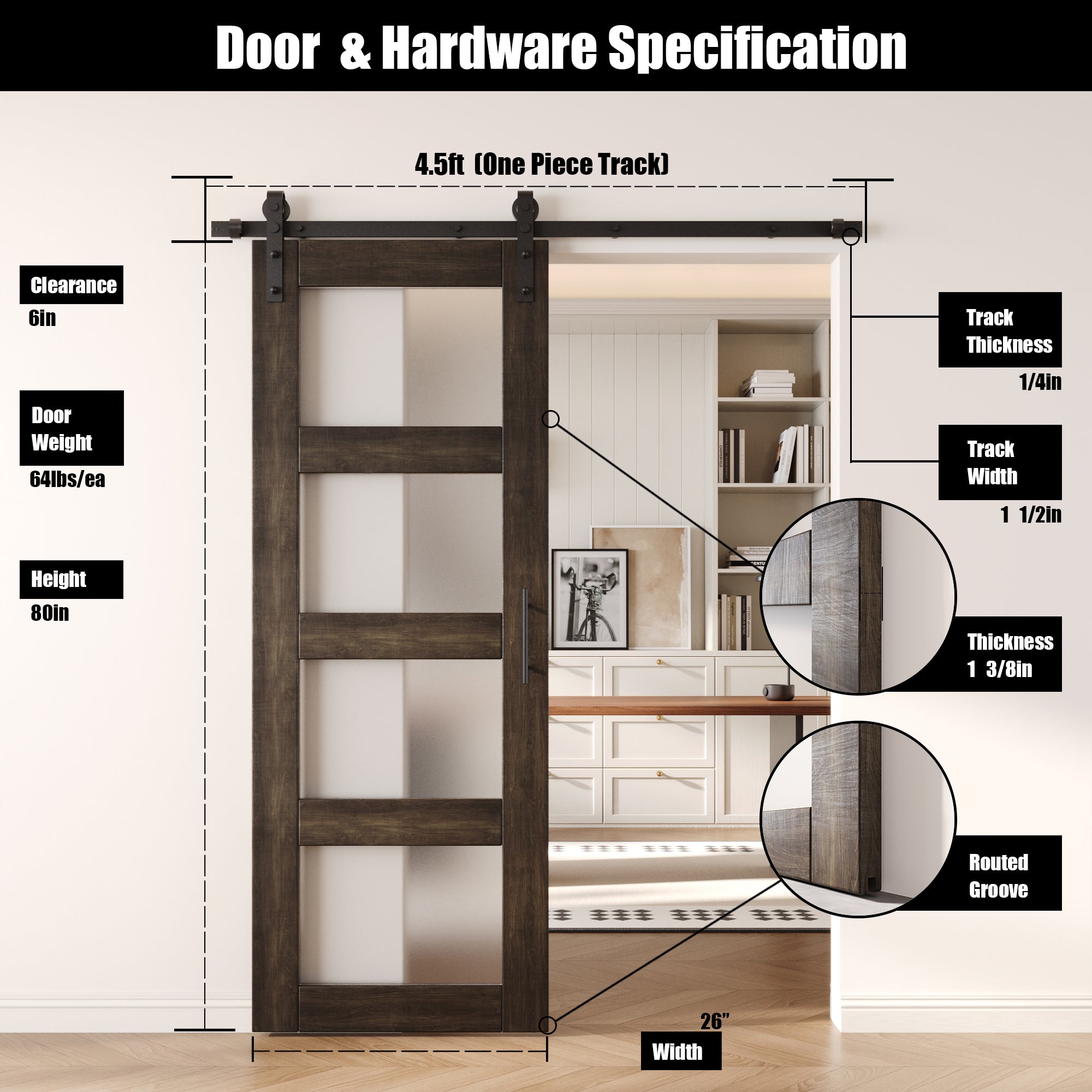 80" Height Ebony 4-Lite Frosted Glass Unassembled & Finished Pine Wood Barn Door with Non-Bypass Installation Hardware Kit (Interior Use Only)