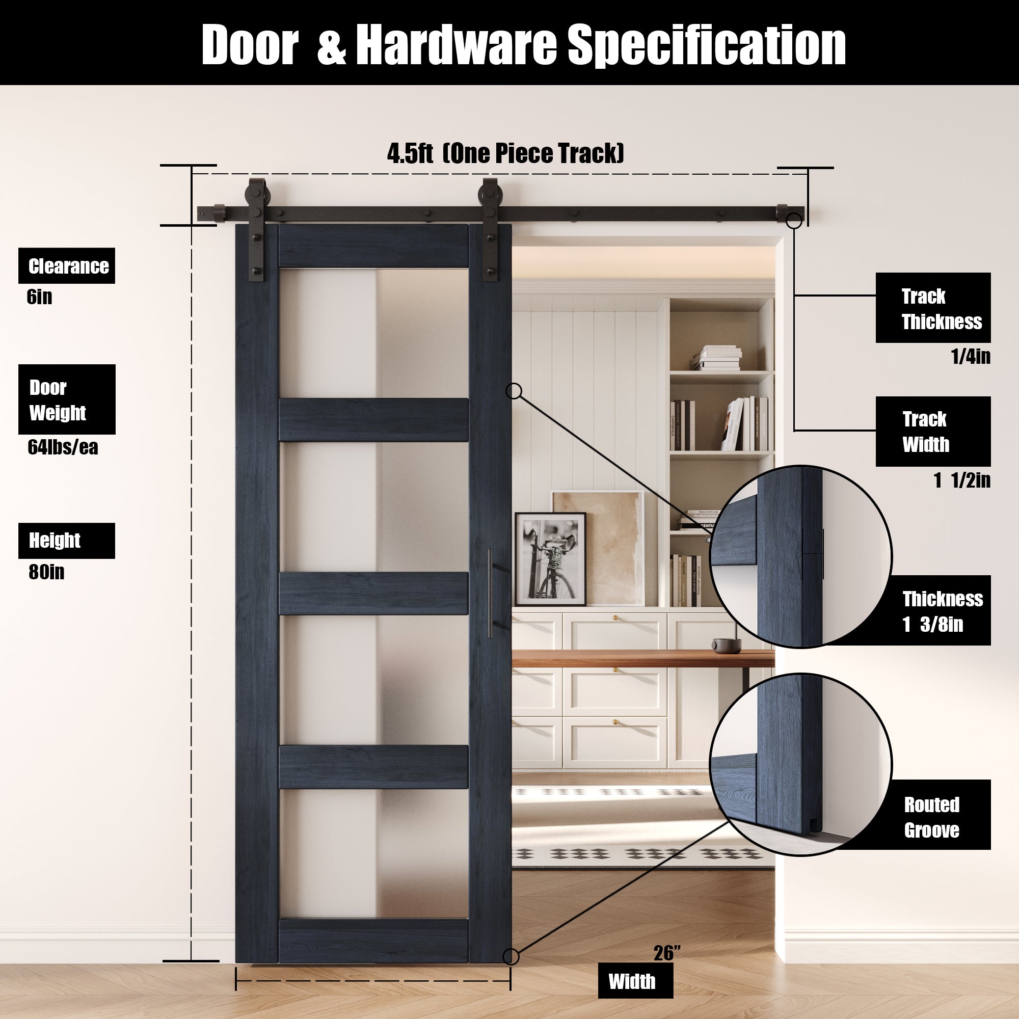 80" Height Navy 4-Lite Frosted Glass Unassembled & Finished Pine Wood Barn Door with Non-Bypass Installation Hardware Kit (Interior Use Only)