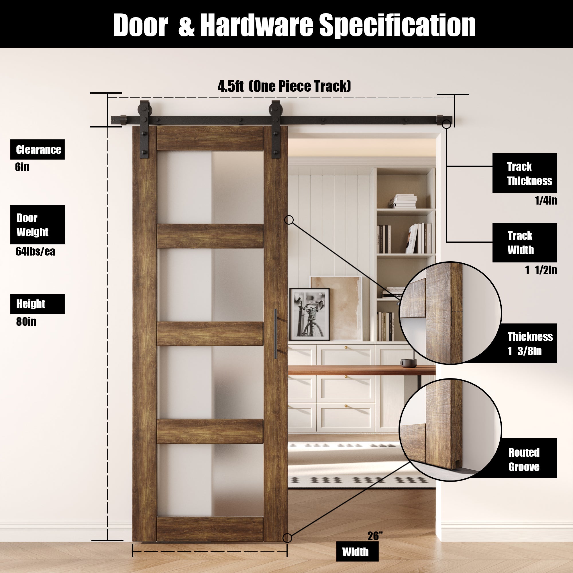 80" Height Dark Walnut 4-Lite Frosted Glass Unassembled & Finished Pine Wood Barn Door with Non-Bypass Installation Hardware Kit (Interior Use Only)