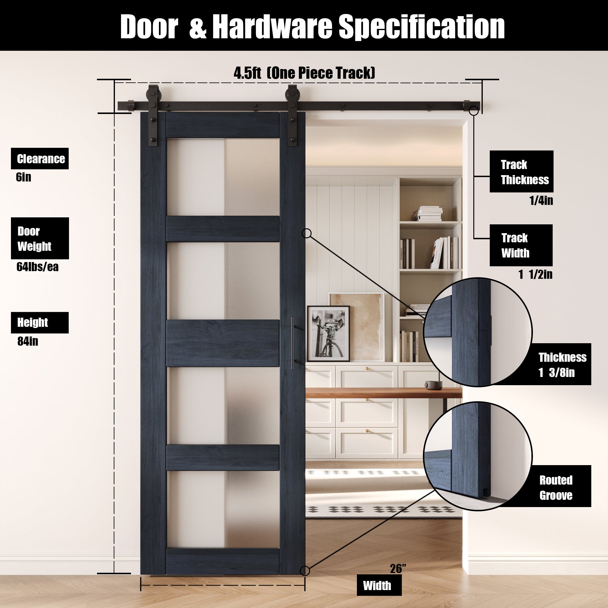 84" Height Navy 4-Lite Frosted Glass Unassembled & Finished Pine Wood Barn Door with Non-Bypass Installation Hardware Kit (Interior Use Only)