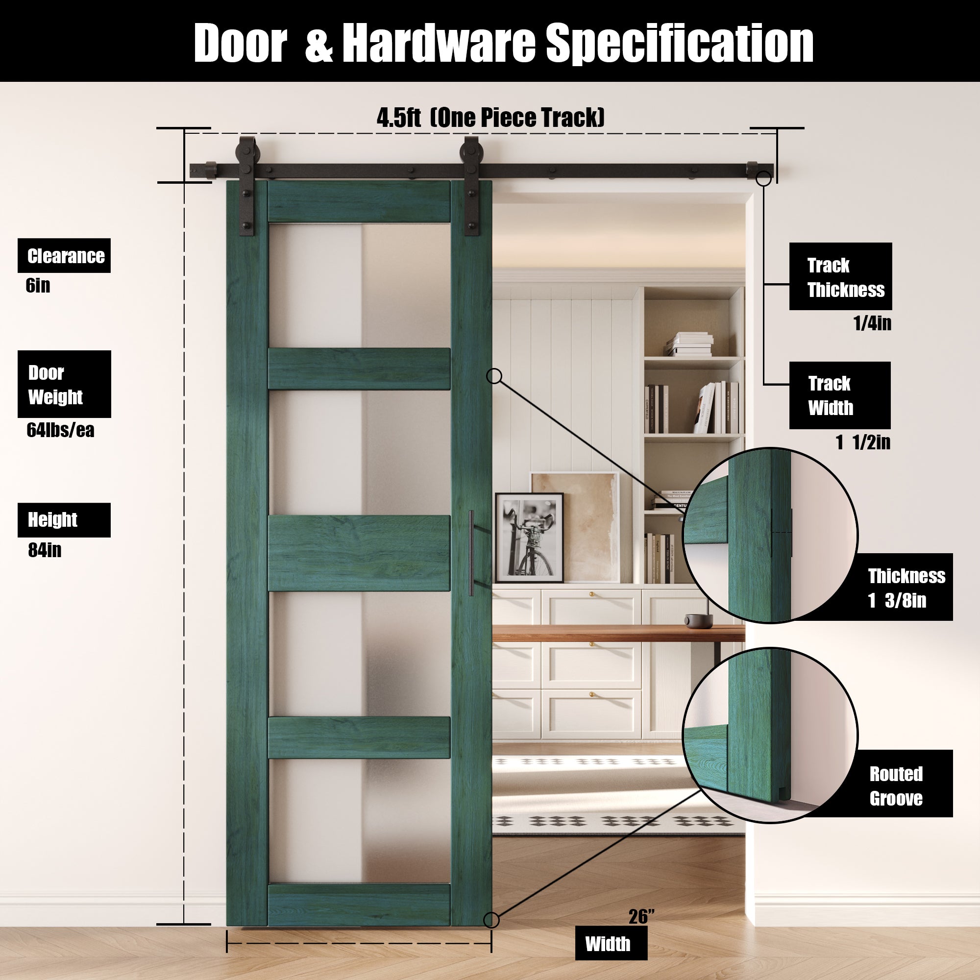 84" Height Royal Pine 4-Lite Frosted Glass Unassembled & Finished Pine Wood Barn Door with Non-Bypass Installation Hardware Kit (Interior Use Only)