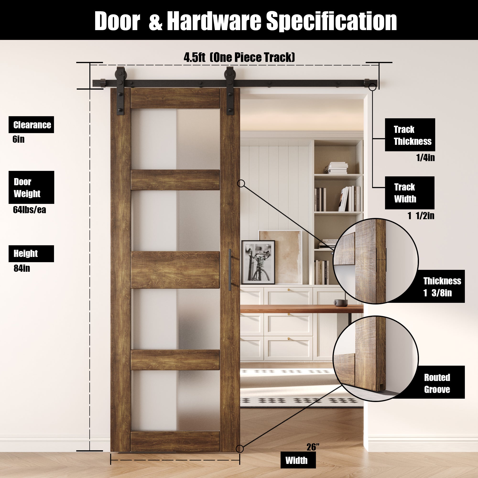 84" Height Dark Walnut 4-Lite Frosted Glass Unassembled & Finished Pine Wood Barn Door with Non-Bypass Installation Hardware Kit (Interior Use Only)