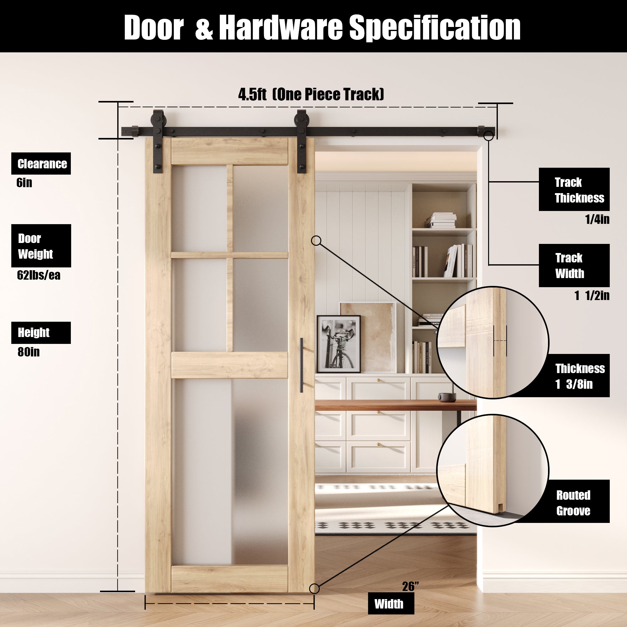 80" Height 5-Lite Frosted Glass Unassembled & Unfinished Pine Wood Barn Door with Non-Bypass Installation Hardware Kit (Interior Use Only)