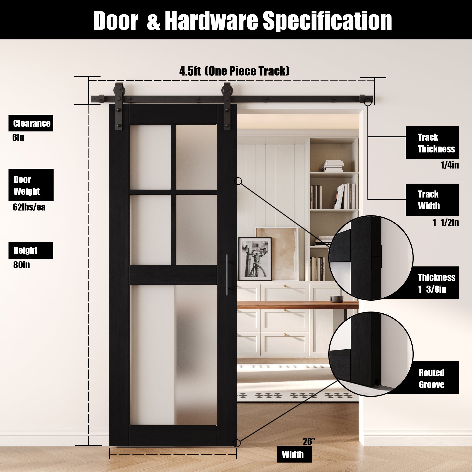 80" Height Black 5-Lite Frosted Glass Unassembled & Finished Pine Wood Barn Door with Non-Bypass Installation Hardware Kit (Interior Use Only)