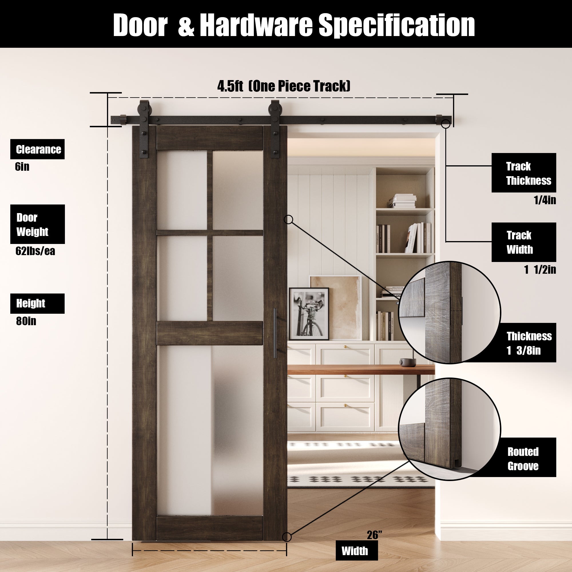 80" Height Ebony 5-Lite Frosted Glass Unassembled & Finished Pine Wood Barn Door with Non-Bypass Installation Hardware Kit (Interior Use Only)