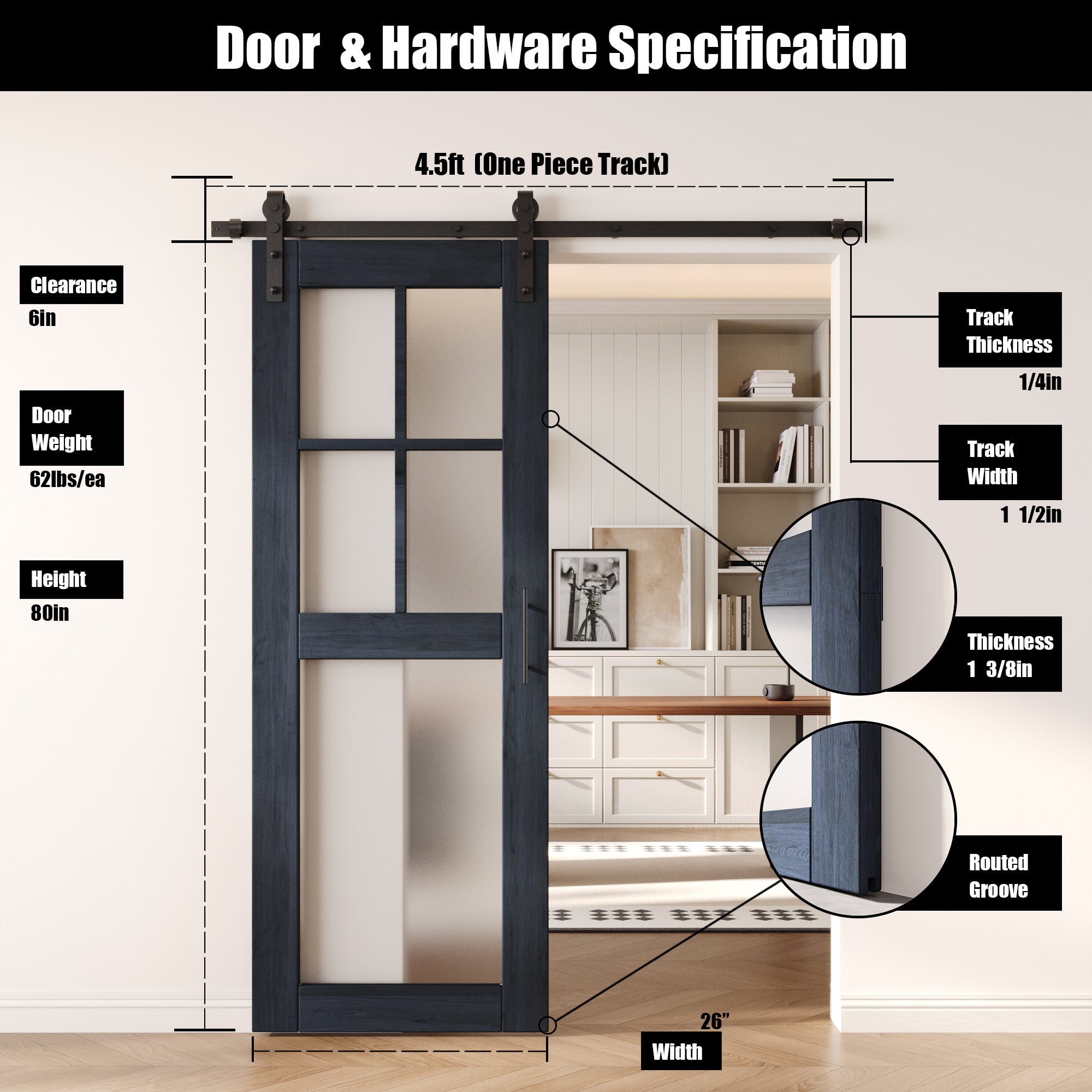80" Height Navy 5-Lite Frosted Glass Unassembled & Finished Pine Wood Barn Door with Non-Bypass Installation Hardware Kit (Interior Use Only)
