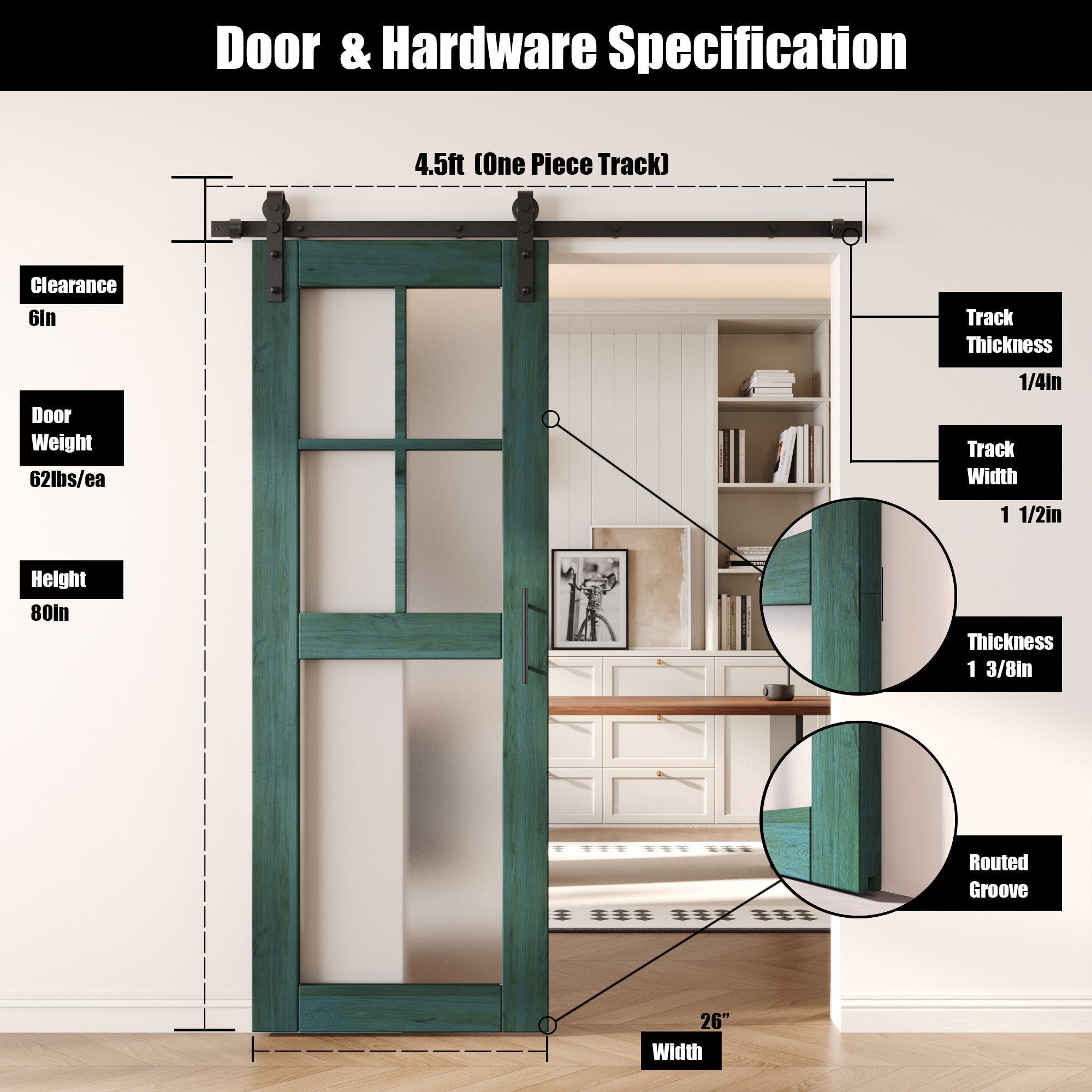 80" Height Royal Pine 5-Lite Frosted Glass Unassembled & Finished Pine Wood Barn Door with Non-Bypass Installation Hardware Kit (Interior Use Only)
