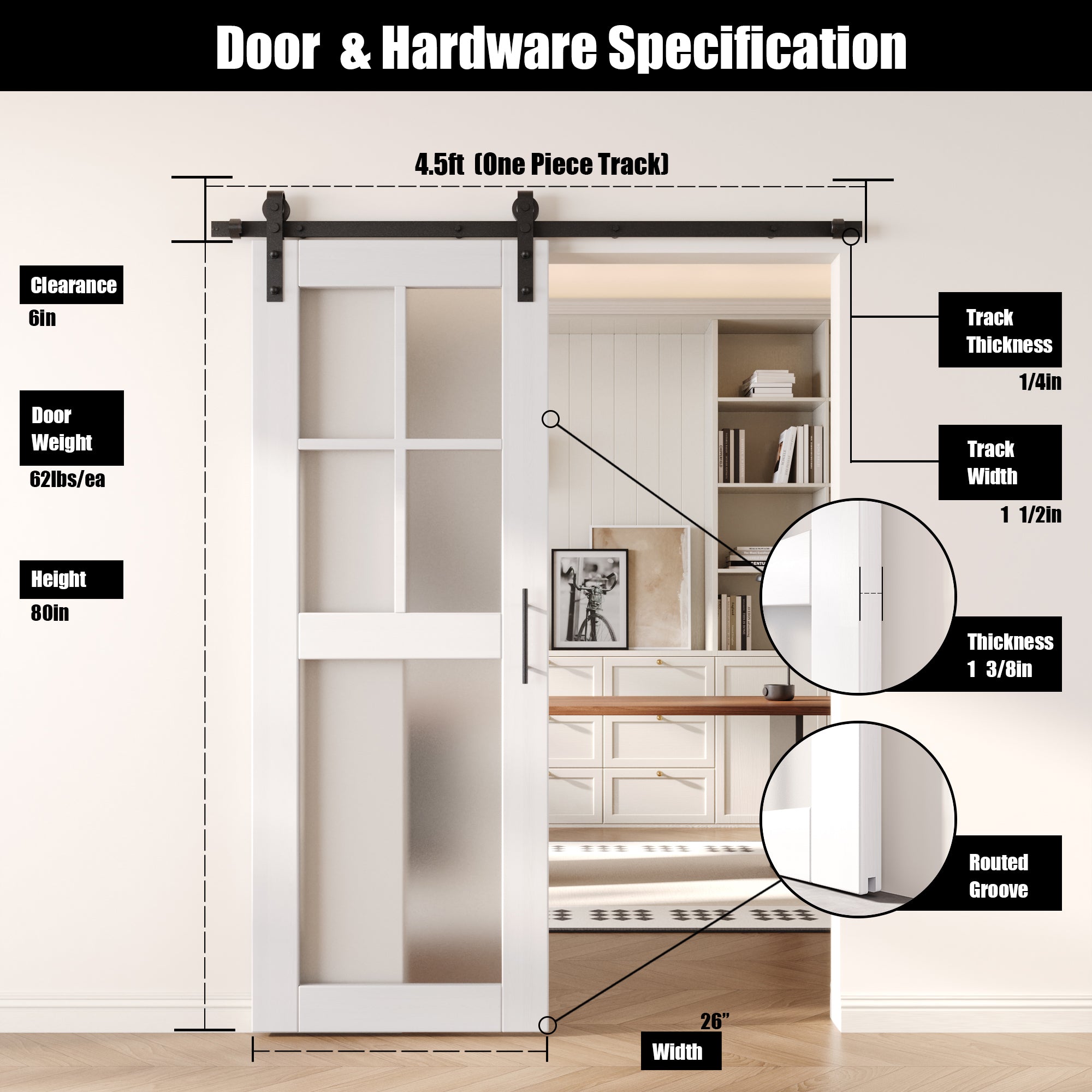 80" Height White 5-Lite Frosted Glass Unassembled & Finished Pine Wood Barn Door with Non-Bypass Installation Hardware Kit (Interior Use Only)