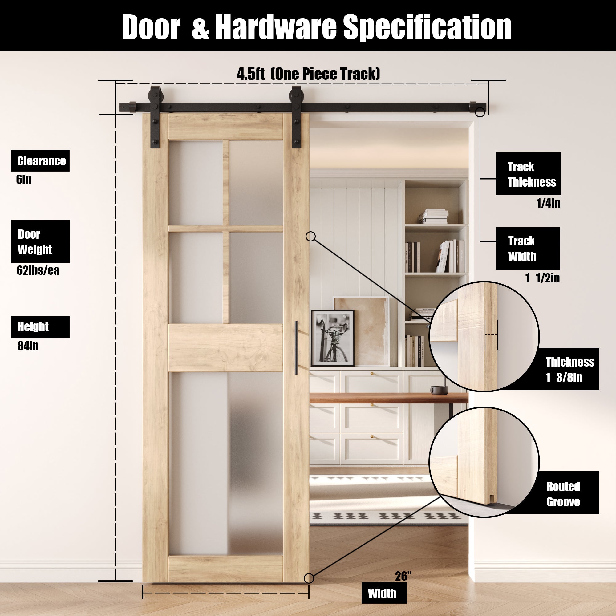 84" Height 5-Lite Frosted Glass Unassembled & Unfinished Pine Wood Barn Door with Non-Bypass Installation Hardware Kit (Interior Use Only)