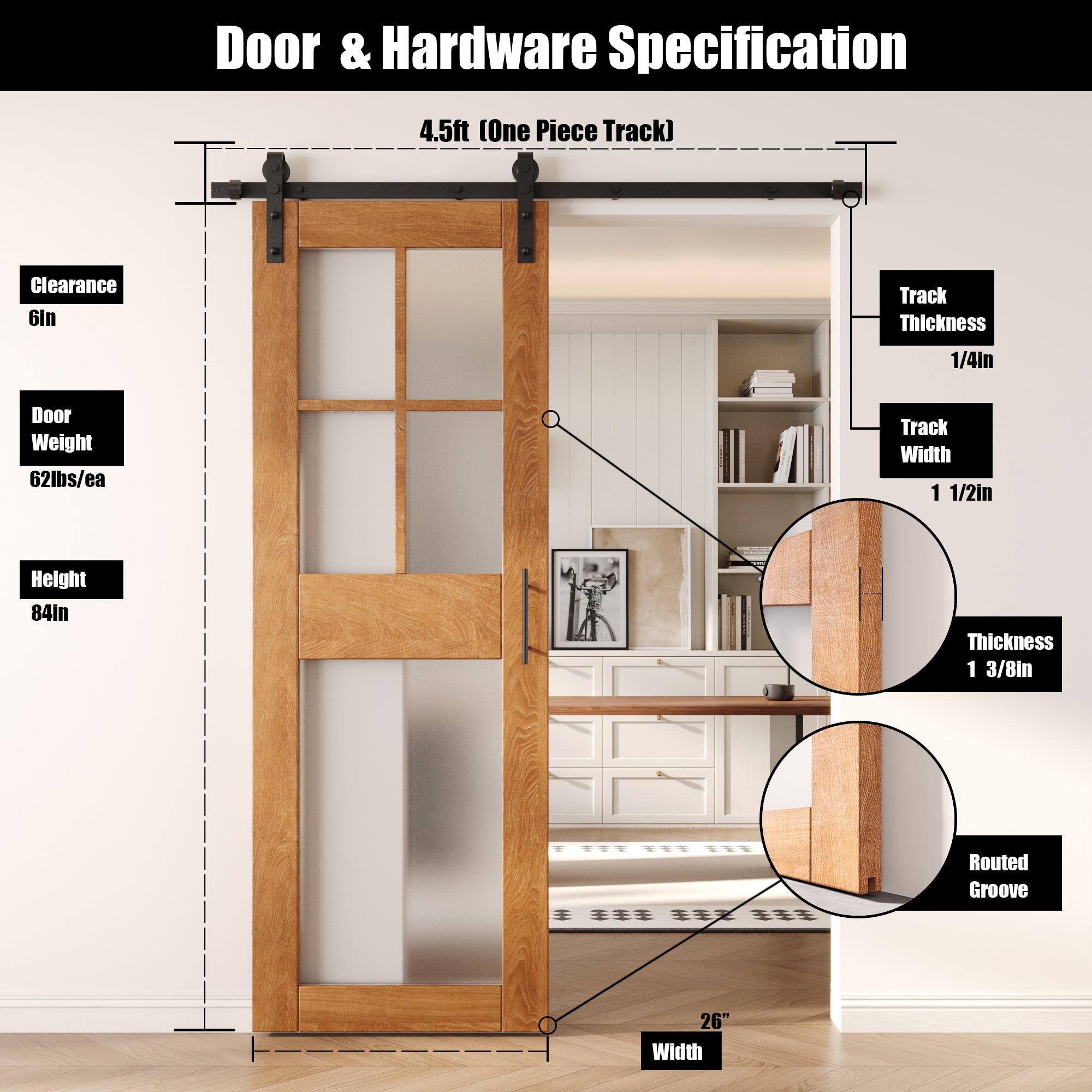84" Height Early American 5-Lite Frosted Glass Unassembled & Finished Pine Wood Barn Door with Non-Bypass Installation Hardware Kit (Interior Use Only)