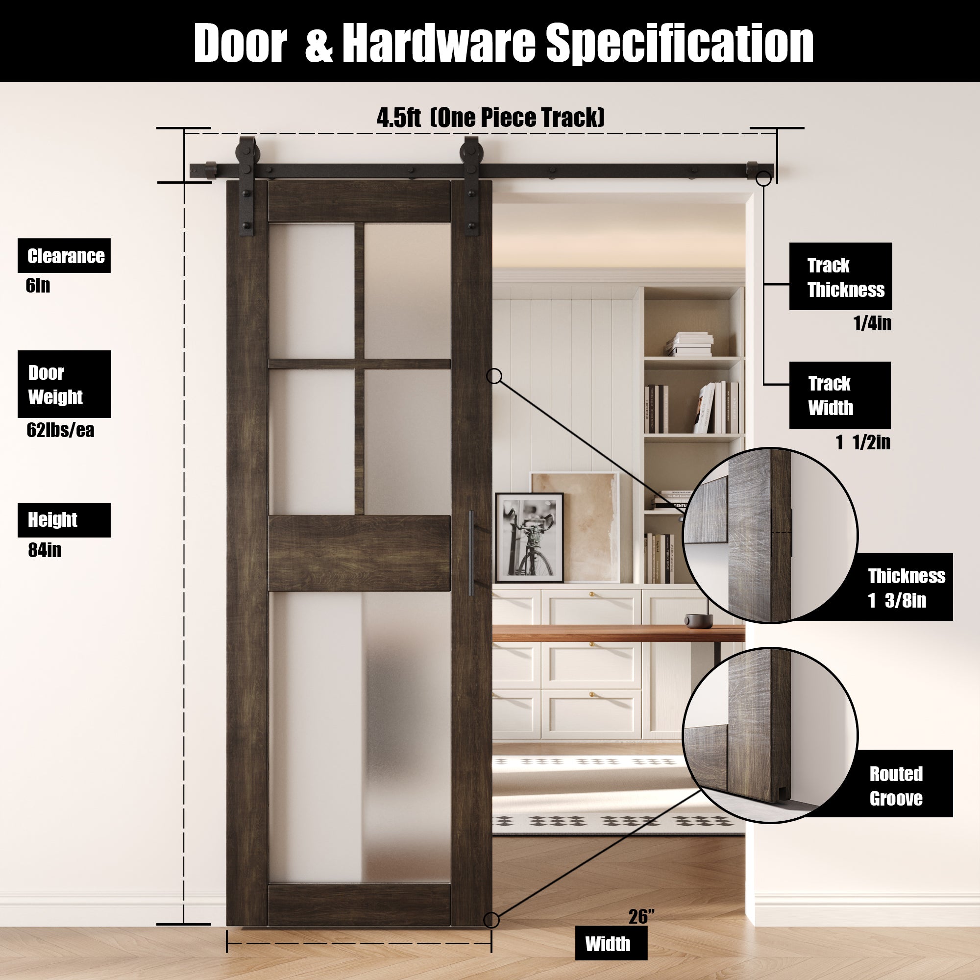 84" Height Ebony 5-Lite Frosted Glass Unassembled & Finished Pine Wood Barn Door with Non-Bypass Installation Hardware Kit (Interior Use Only)