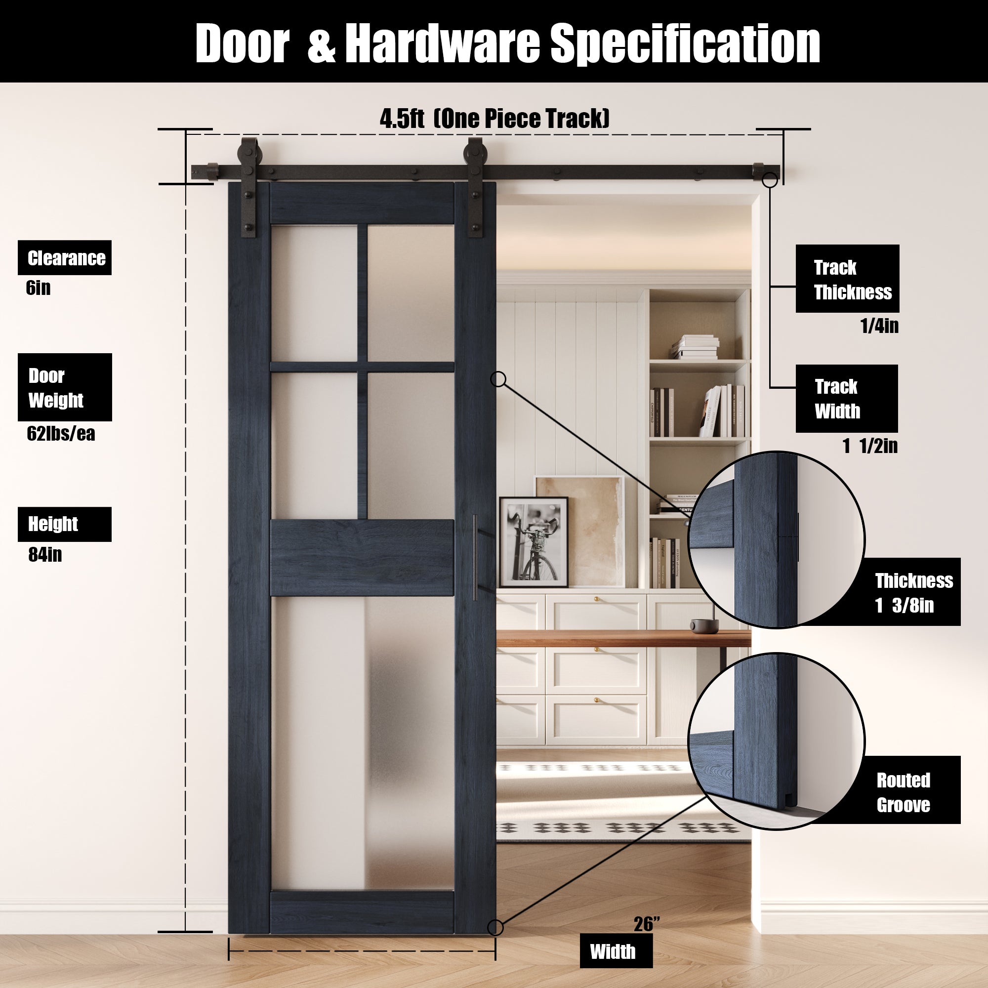 84" Height Navy 5-Lite Frosted Glass Unassembled & Finished Pine Wood Barn Door with Non-Bypass Installation Hardware Kit (Interior Use Only)