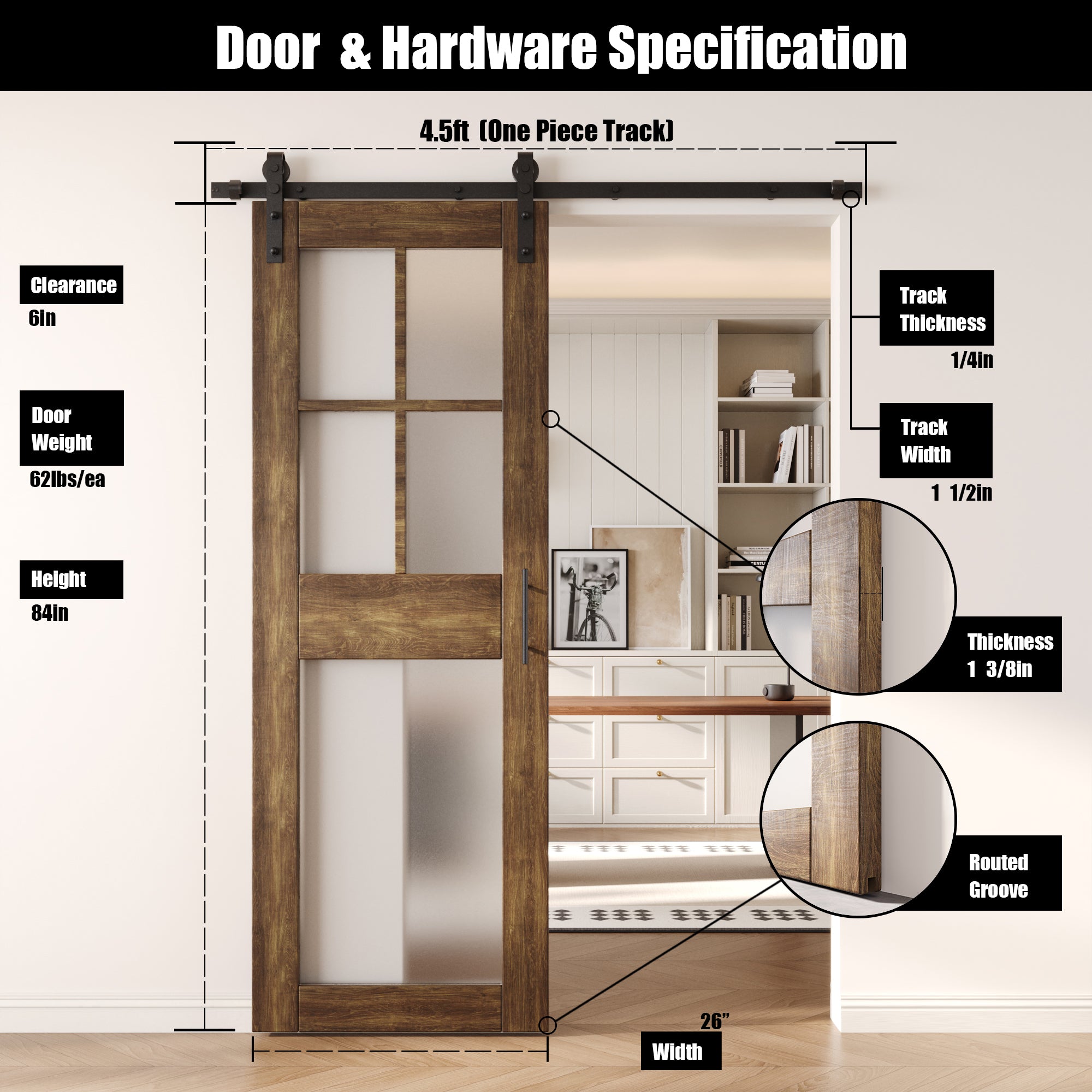 84" Height Dark Walnut 5-Lite Frosted Glass Unassembled & Finished Pine Wood Barn Door with Non-Bypass Installation Hardware Kit (Interior Use Only)