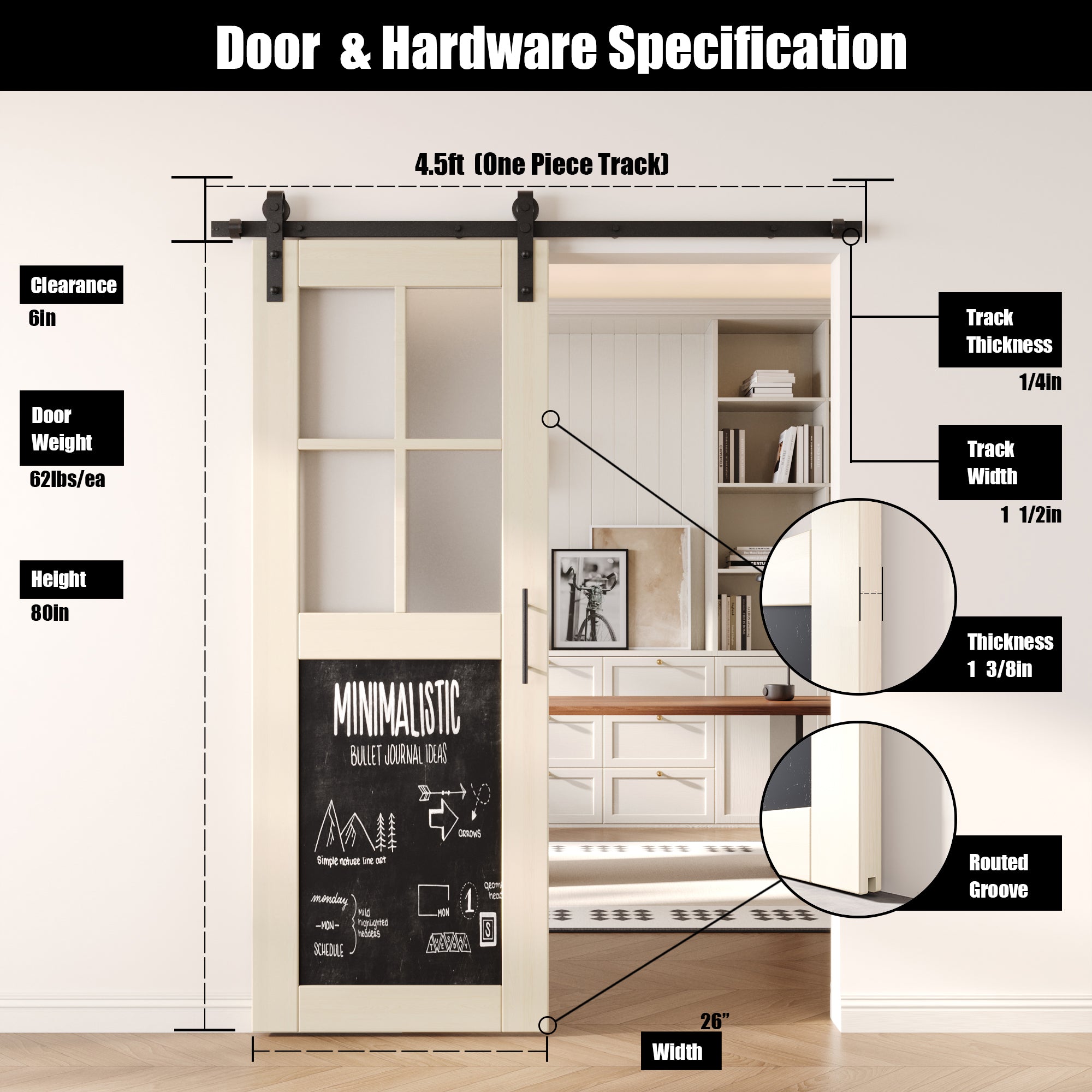 80" Height Tinsmith Gray Half Lite Chalkboard Unassembled & Finished Pine Wood Barn Door with Non-Bypass Installation Hardware Kit (Interior Use Only)