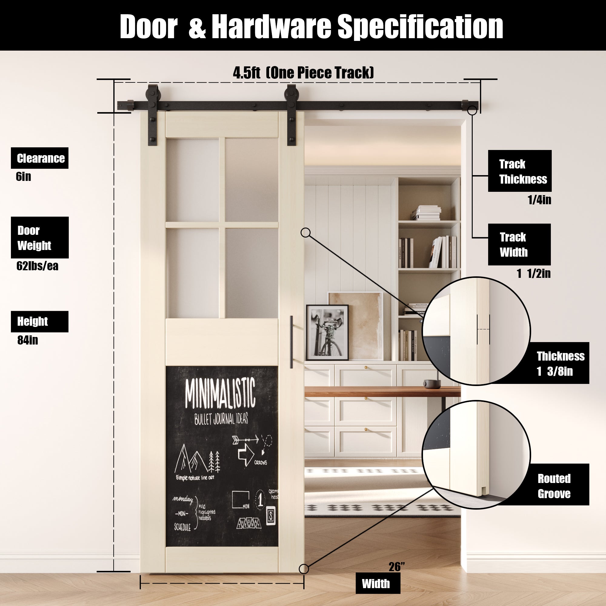 84" Height Tinsmith Gray Half Lite Chalkboard Unassembled & Finished Pine Wood Barn Door with Non-Bypass Installation Hardware Kit (Interior Use Only)