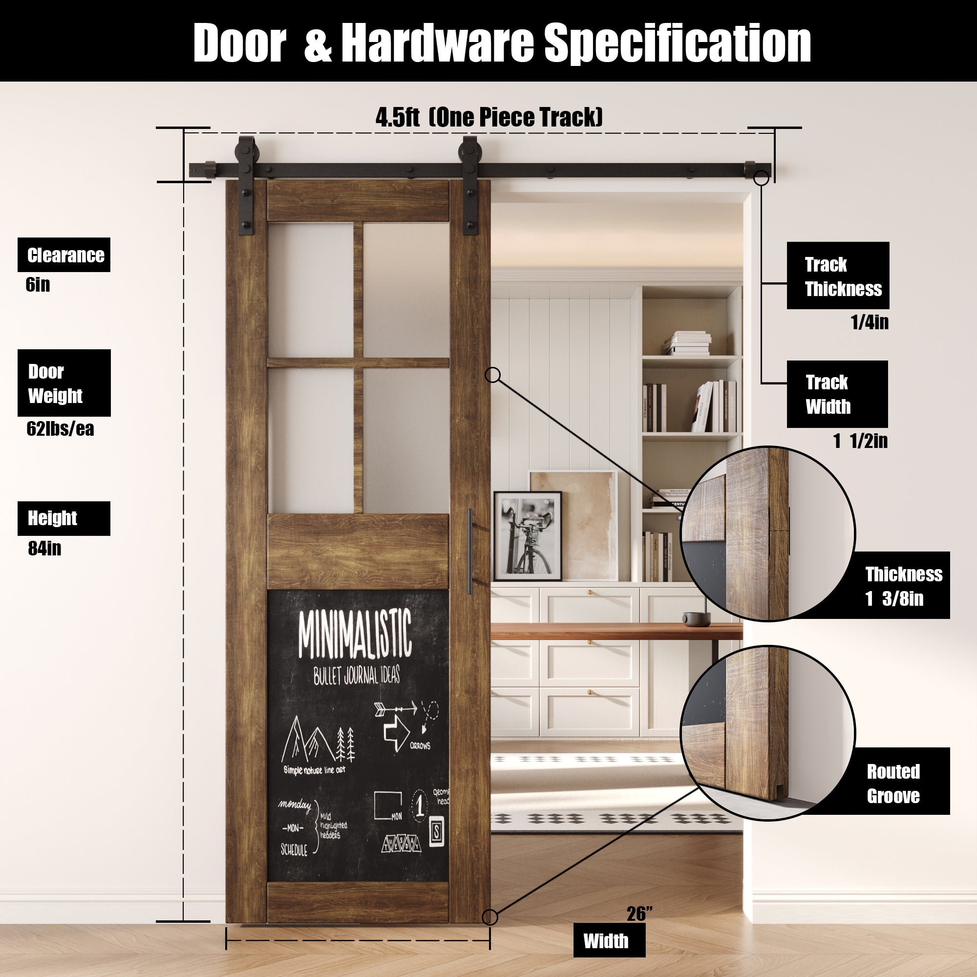 84" Height Dark Walnut Half Lite Chalkboard Unassembled & Finished Pine Wood Barn Door with Non-Bypass Installation Hardware Kit (Interior Use Only)