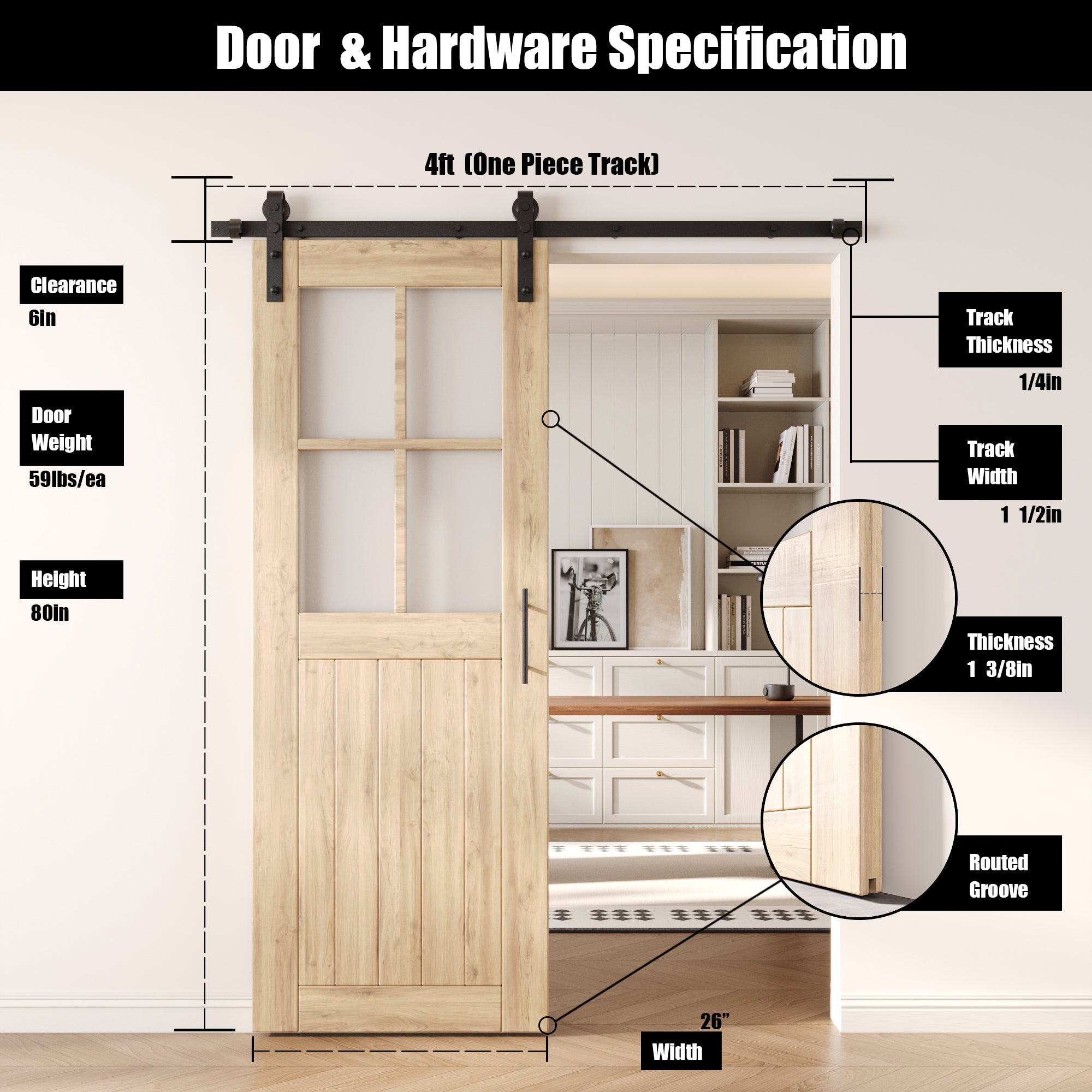 80" Height Half Lite Grid Glass Unassembled & Unfinished Pine Wood Barn Door with Non-Bypass Installation Hardware Kit (Interior Use Only)