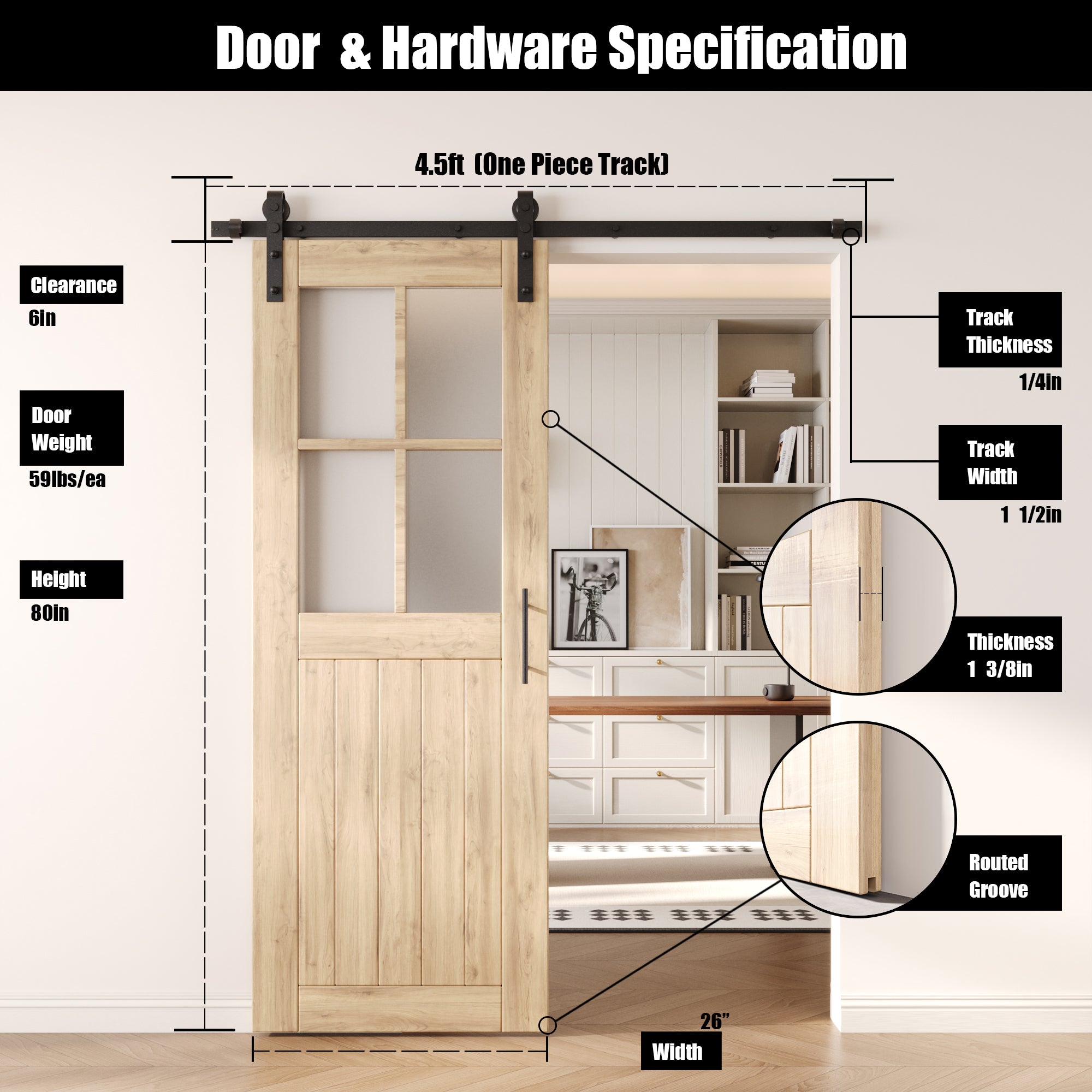 80" Height Half Lite Grid Glass Unassembled & Unfinished Pine Wood Barn Door with Non-Bypass Installation Hardware Kit (Interior Use Only)