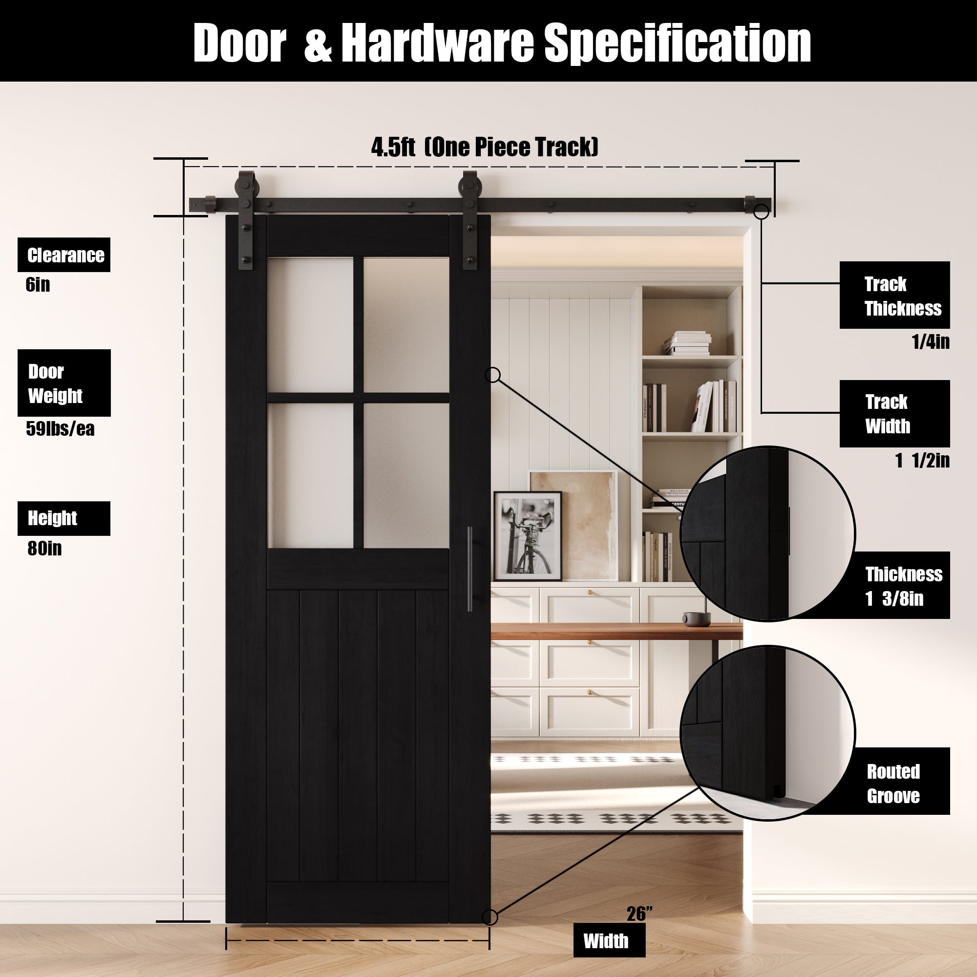 80" Height Black Half Lite Grid Glass Unassembled & Finished Pine Wood Barn Door with Non-Bypass Installation Hardware Kit (Interior Use Only)
