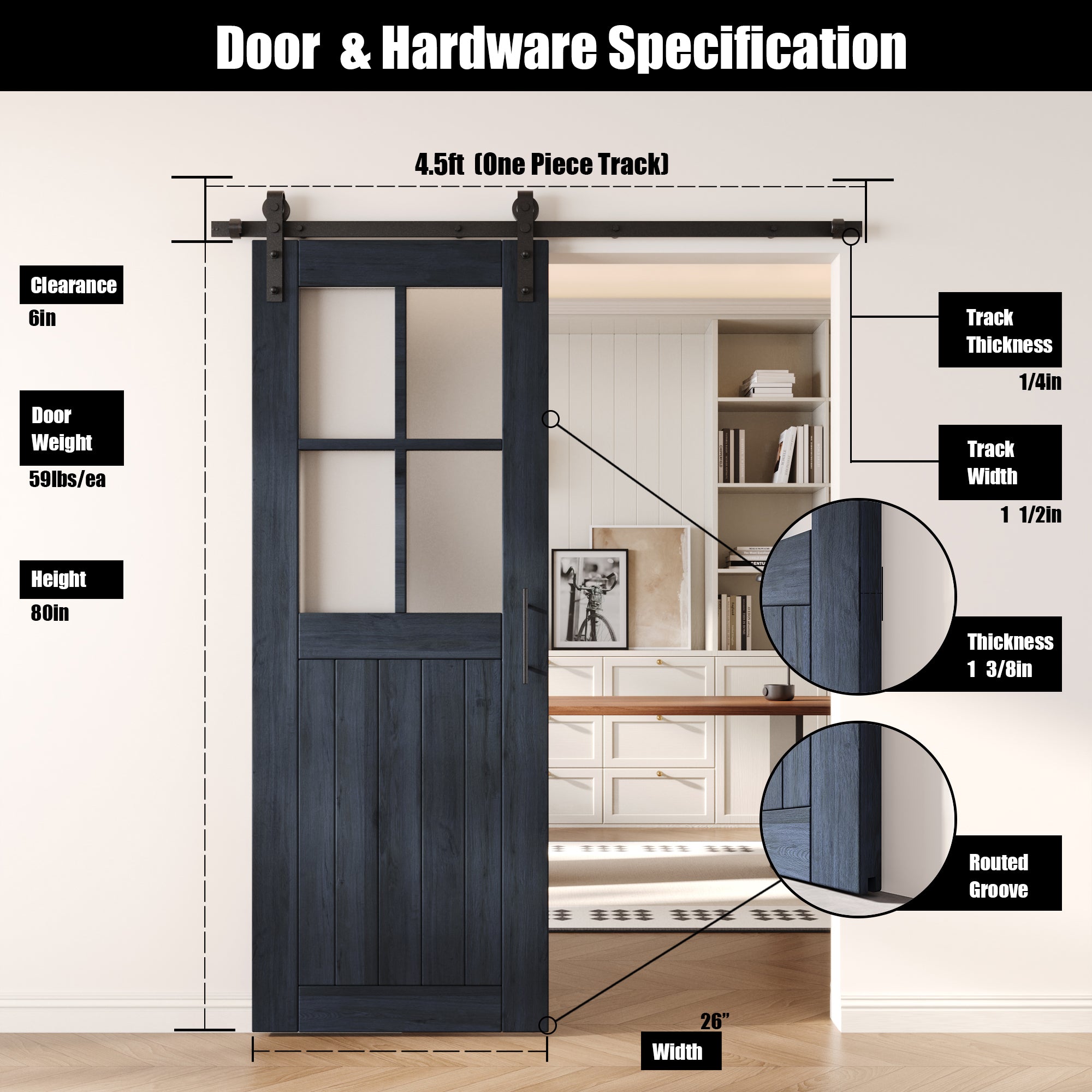 80" Height Navy Half Lite Grid Glass Unassembled & Finished Pine Wood Barn Door with Non-Bypass Installation Hardware Kit (Interior Use Only)