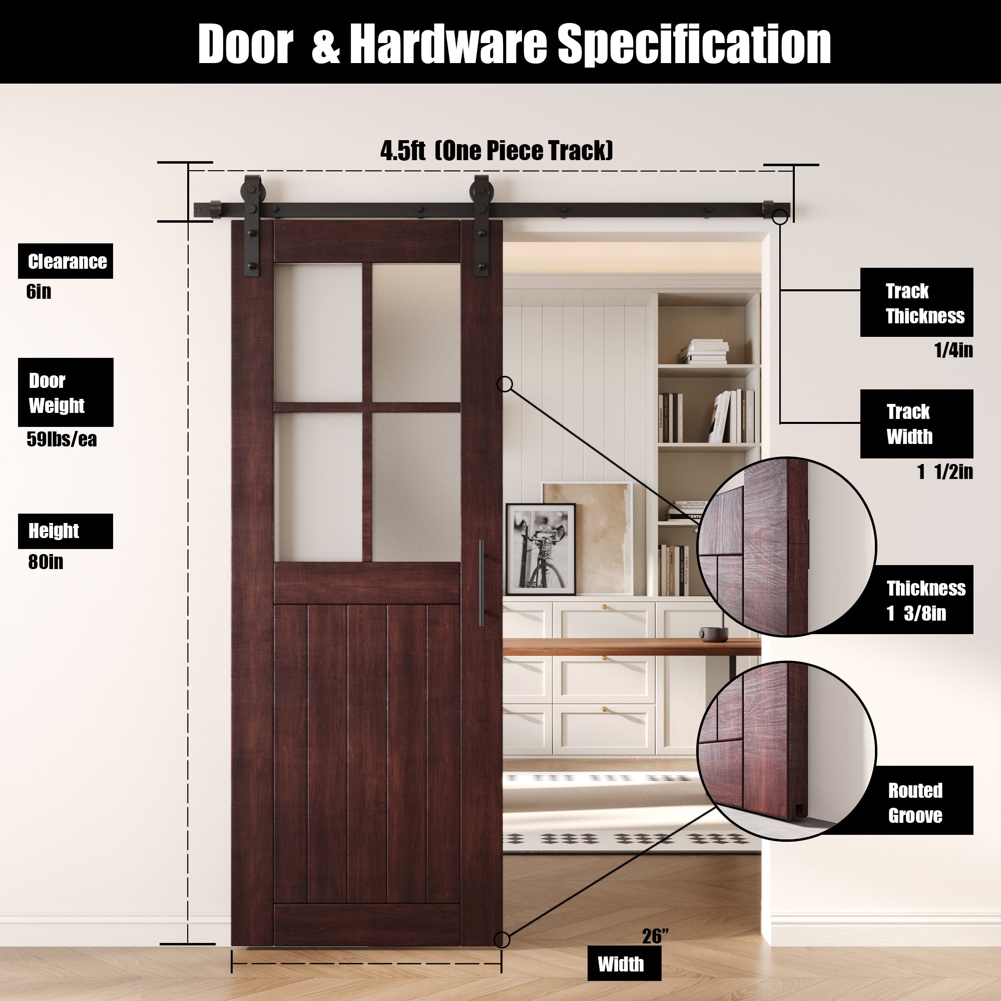 80" Height Red Mahogany Half Lite Grid Glass Unassembled & Finished Pine Wood Barn Door with Non-Bypass Installation Hardware Kit (Interior Use Only)