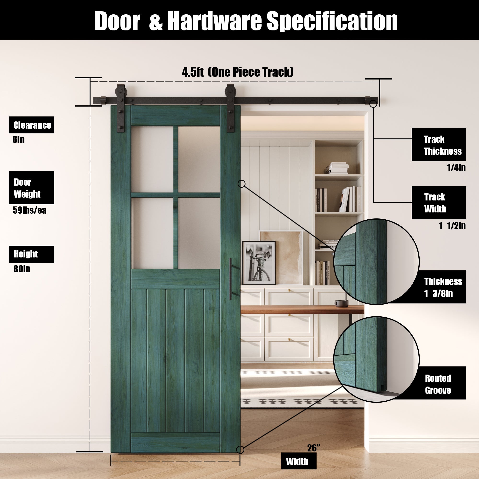 80" Height Royal Pine Half Lite Grid Glass Unassembled & Finished Pine Wood Barn Door with Non-Bypass Installation Hardware Kit (Interior Use Only)
