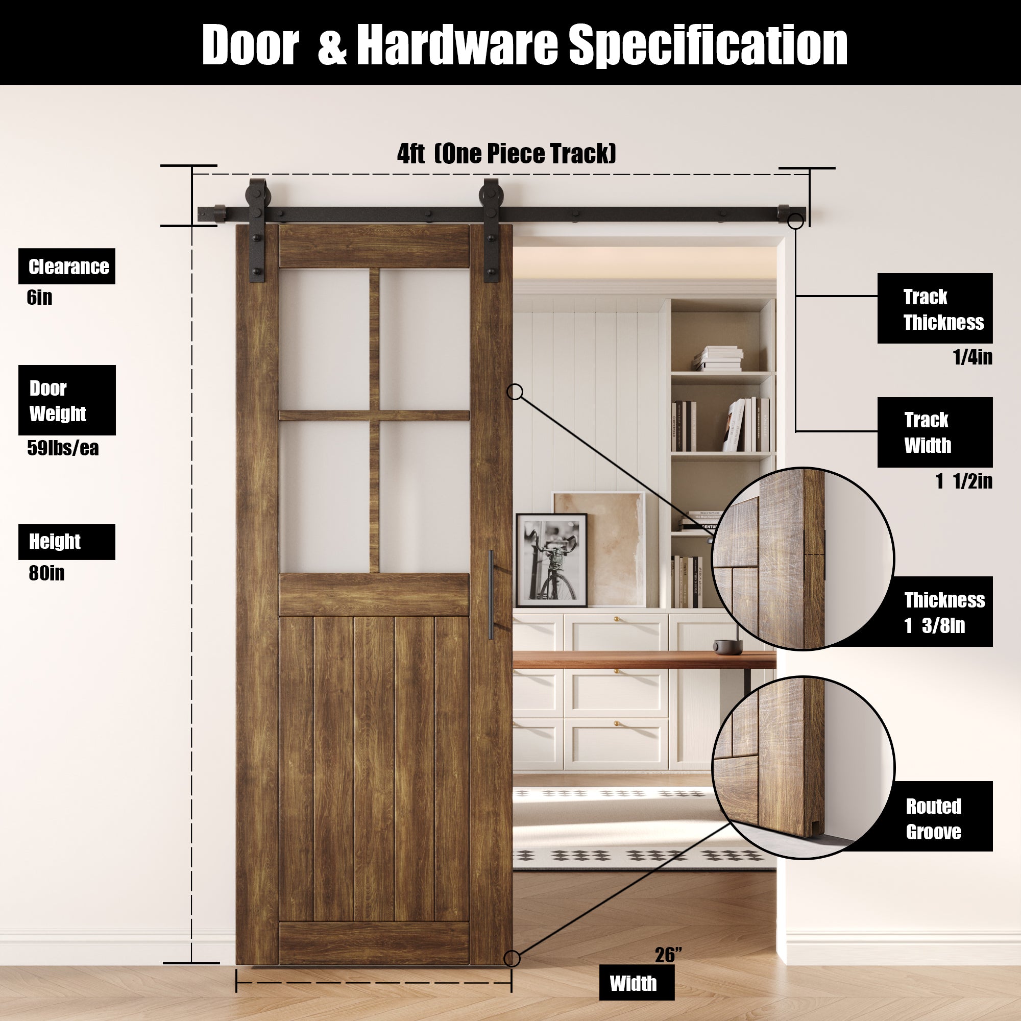 80" Height Dark Walnut Half Lite Grid Glass Unassembled & Finished Pine Wood Barn Door with Non-Bypass Installation Hardware Kit (Interior Use Only)