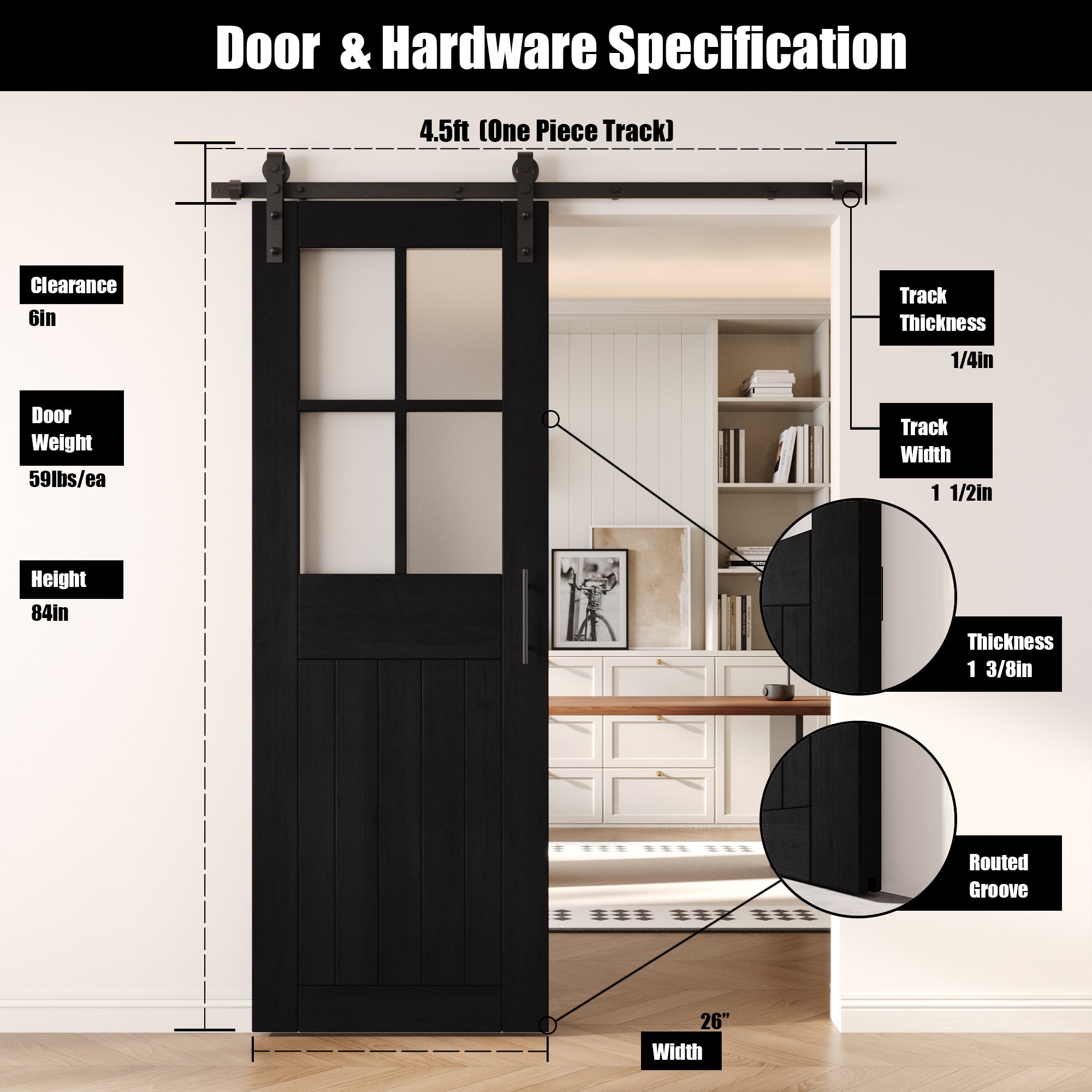 84" Height Black Half Lite Grid Glass Unassembled & Finished Pine Wood Barn Door with Non-Bypass Installation Hardware Kit (Interior Use Only)