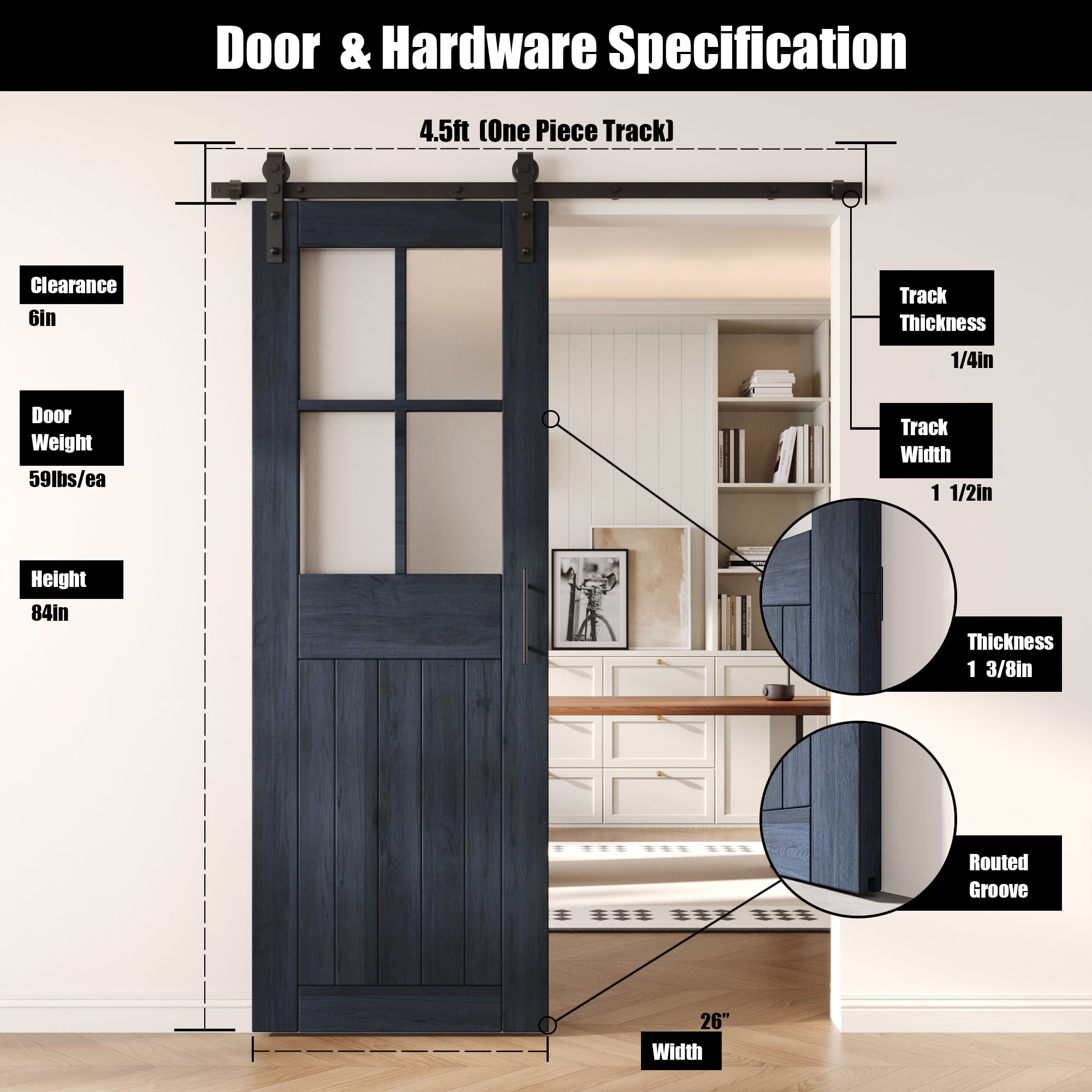 84" Height Navy Half Lite Grid Glass Unassembled & Finished Pine Wood Barn Door with Non-Bypass Installation Hardware Kit (Interior Use Only)