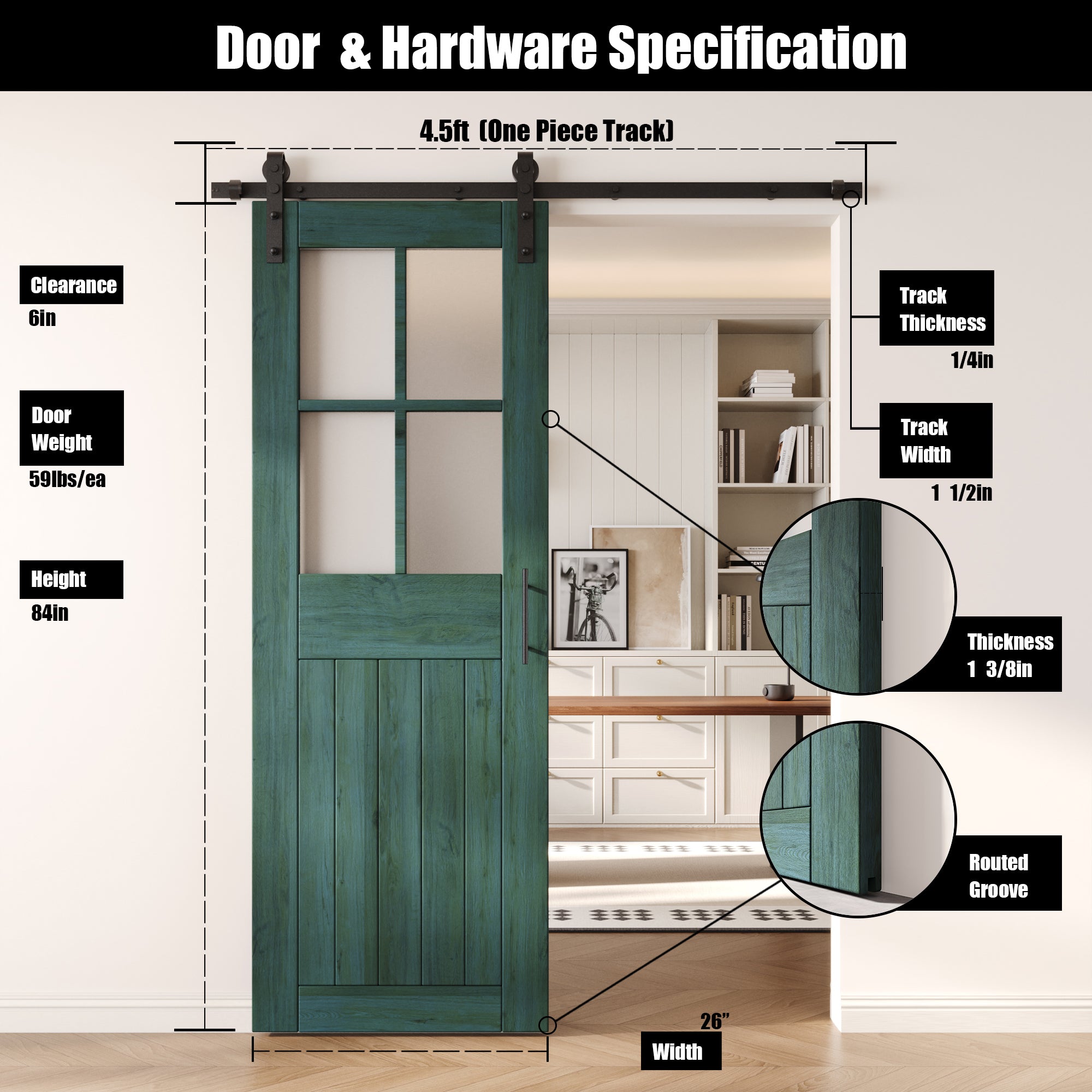84" Height Royal Pine Half Lite Grid Glass Unassembled & Finished Pine Wood Barn Door with Non-Bypass Installation Hardware Kit (Interior Use Only)