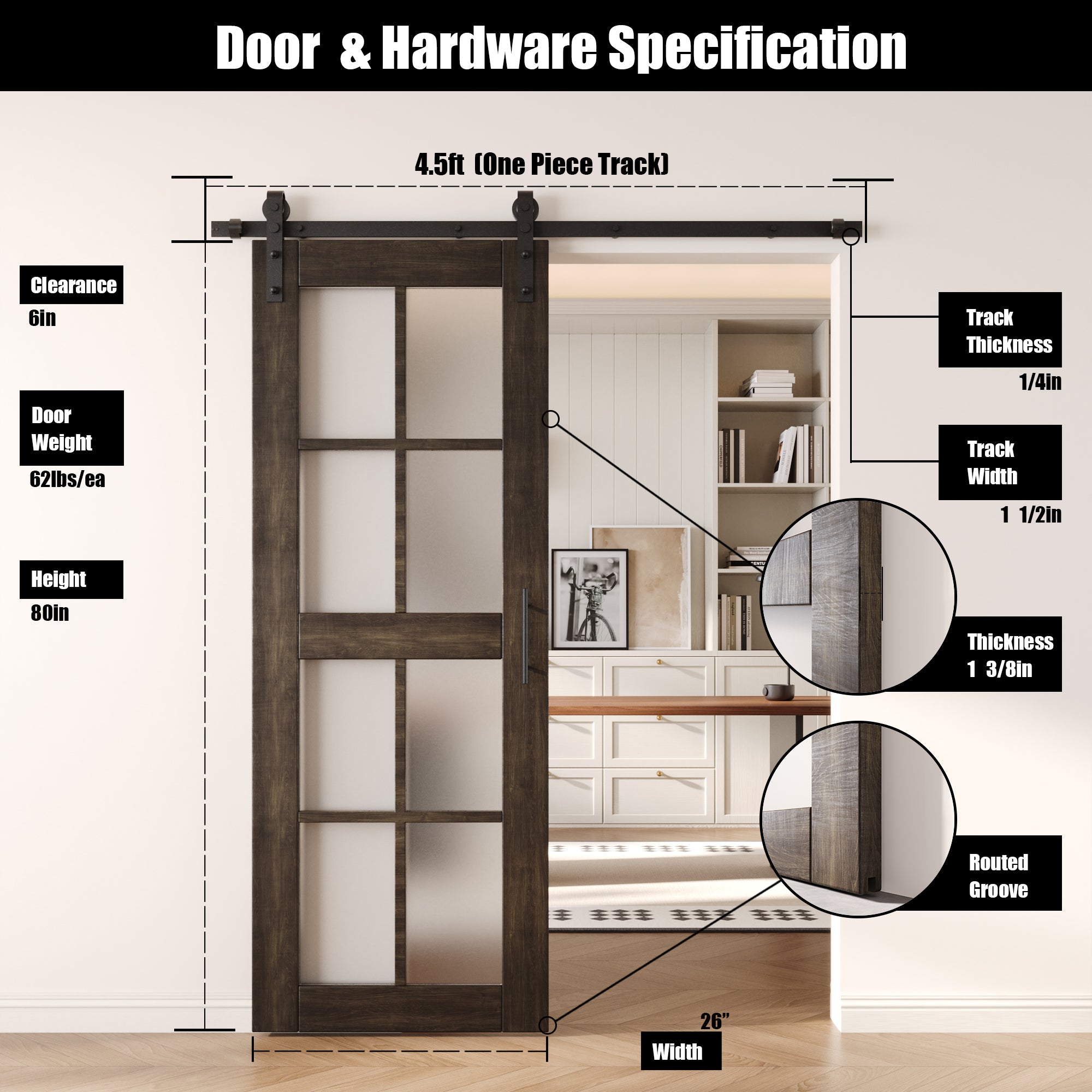 80" Height Ebony 8-Lite Frosted Glass Unassembled & Finished Pine Wood Barn Door with Non-Bypass Installation Hardware Kit (Interior Use Only)