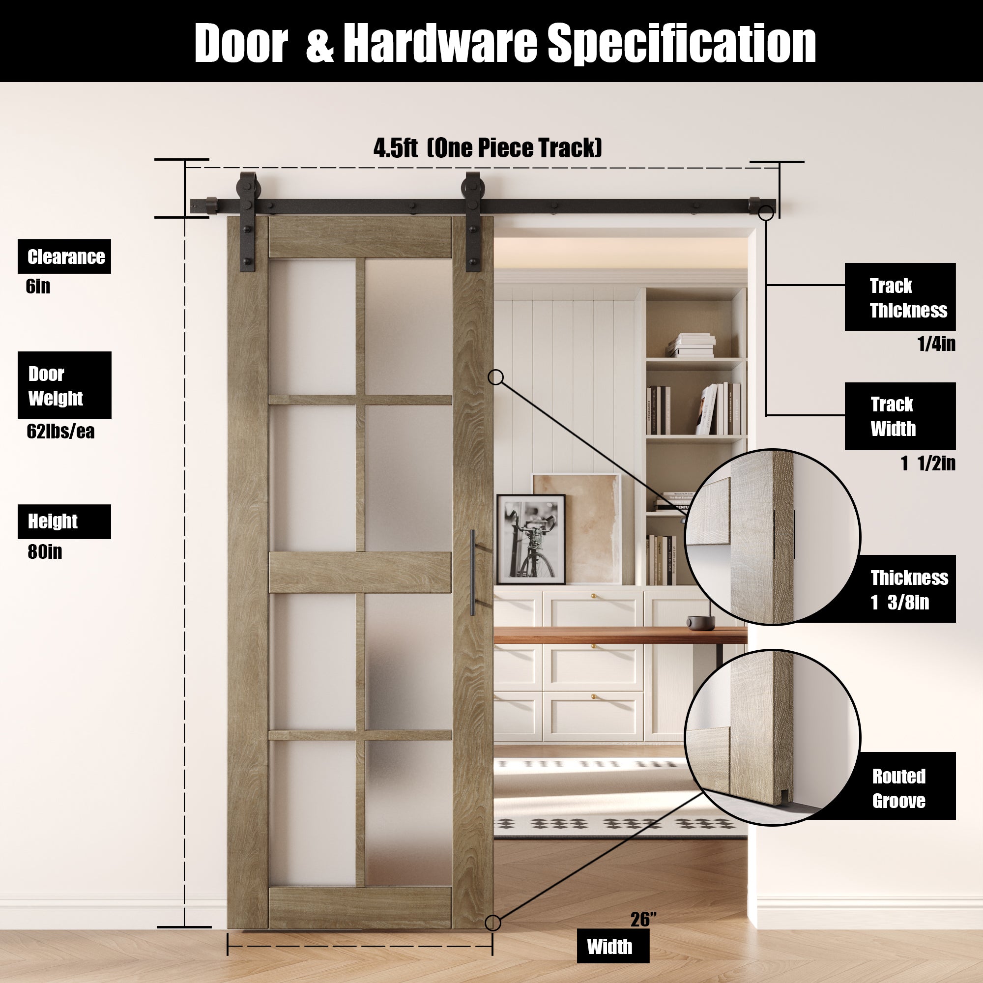 80" Height Classic Gray 8-Lite Frosted Glass Unassembled & Finished Pine Wood Barn Door with Non-Bypass Installation Hardware Kit (Interior Use Only)