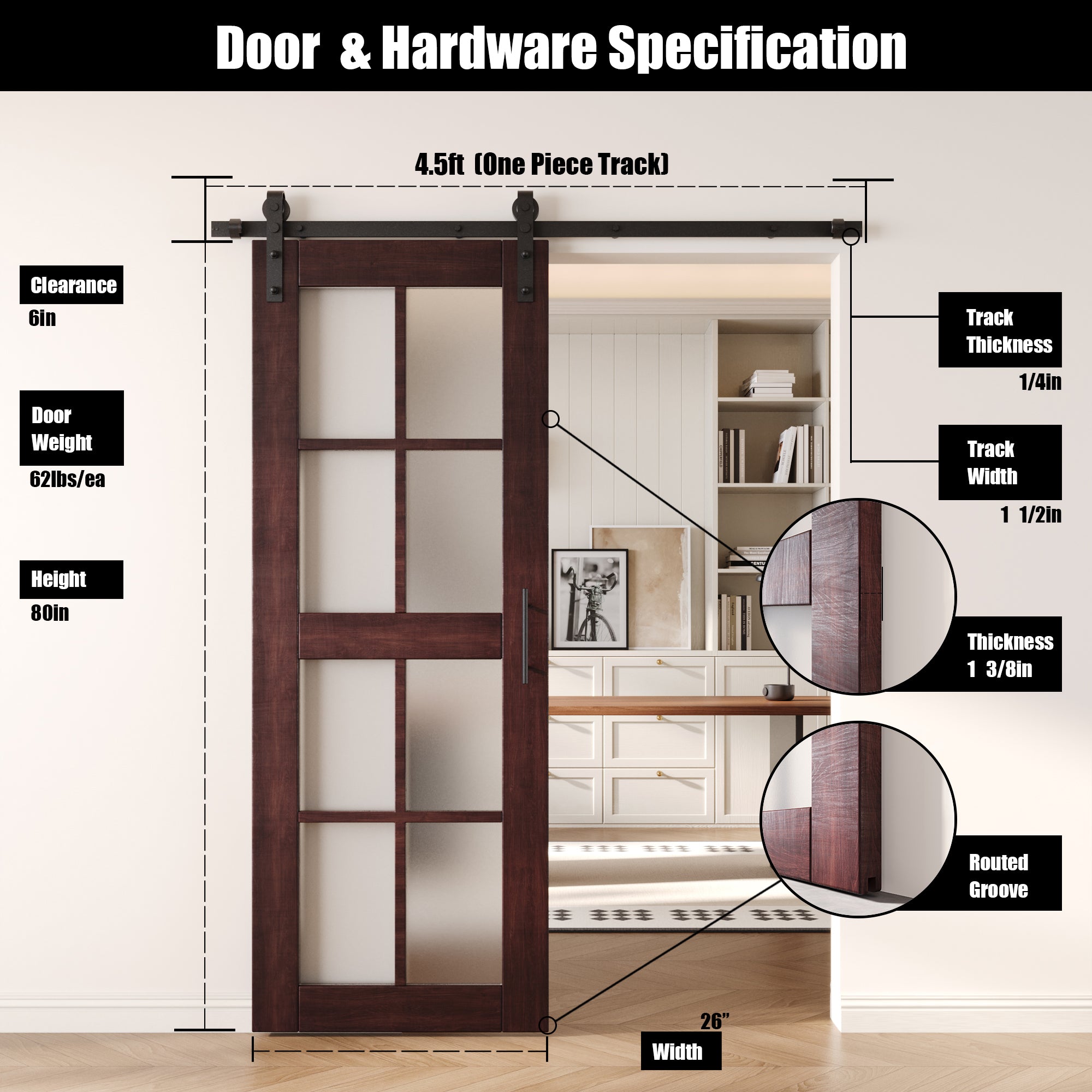 80" Height Red Mahogany 8-Lite Frosted Glass Unassembled & Finished Pine Wood Barn Door with Non-Bypass Installation Hardware Kit (Interior Use Only)