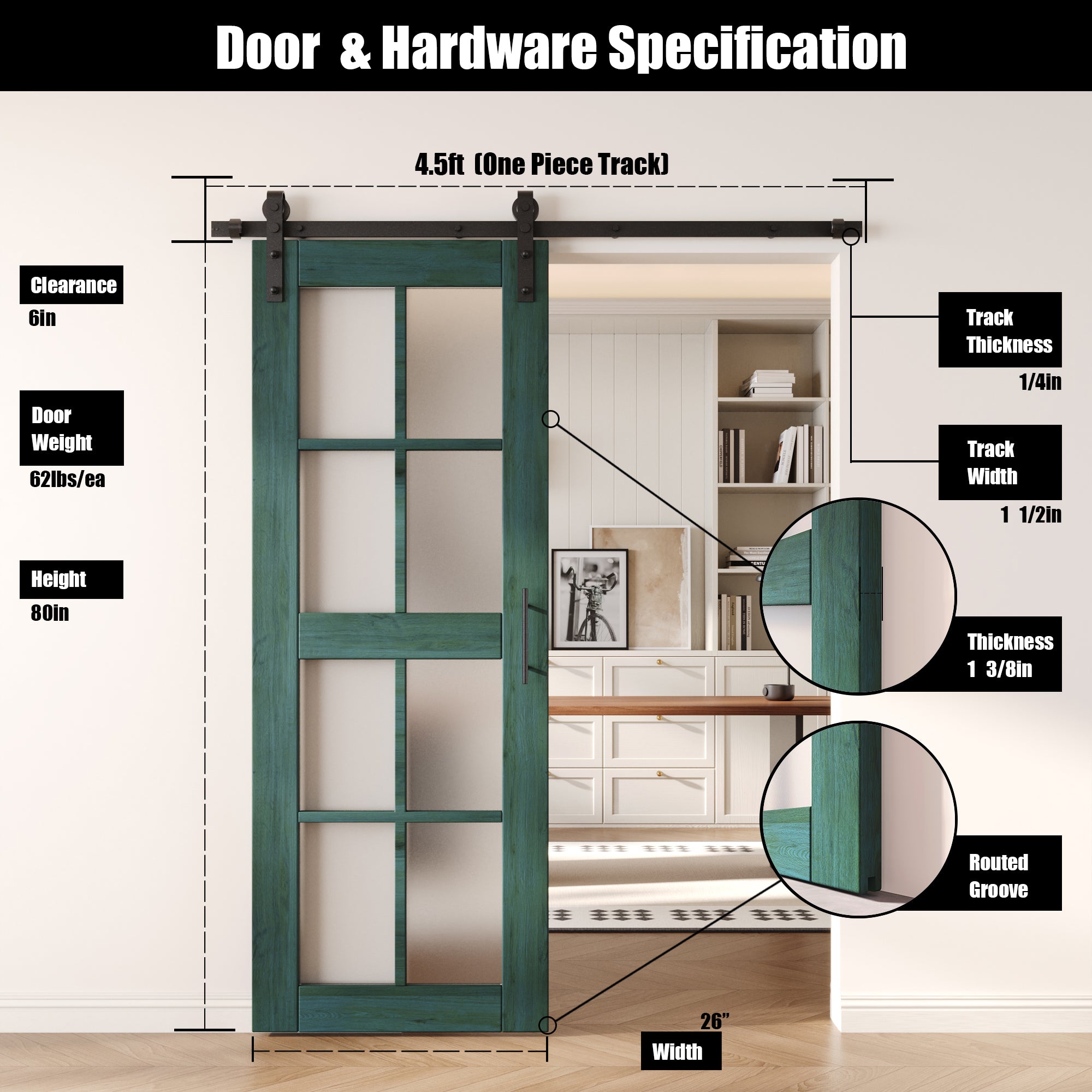 80" Height Royal Pine 8-Lite Frosted Glass Unassembled & Finished Pine Wood Barn Door with Non-Bypass Installation Hardware Kit (Interior Use Only)