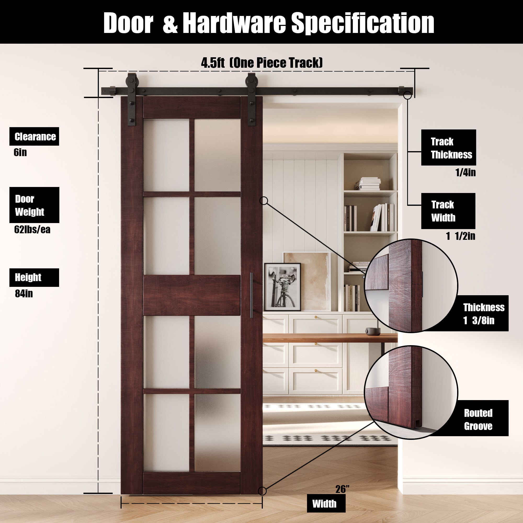 84" Height Red Mahogany 8-Lite Frosted Glass Unassembled & Finished Pine Wood Barn Door with Non-Bypass Installation Hardware Kit (Interior Use Only)