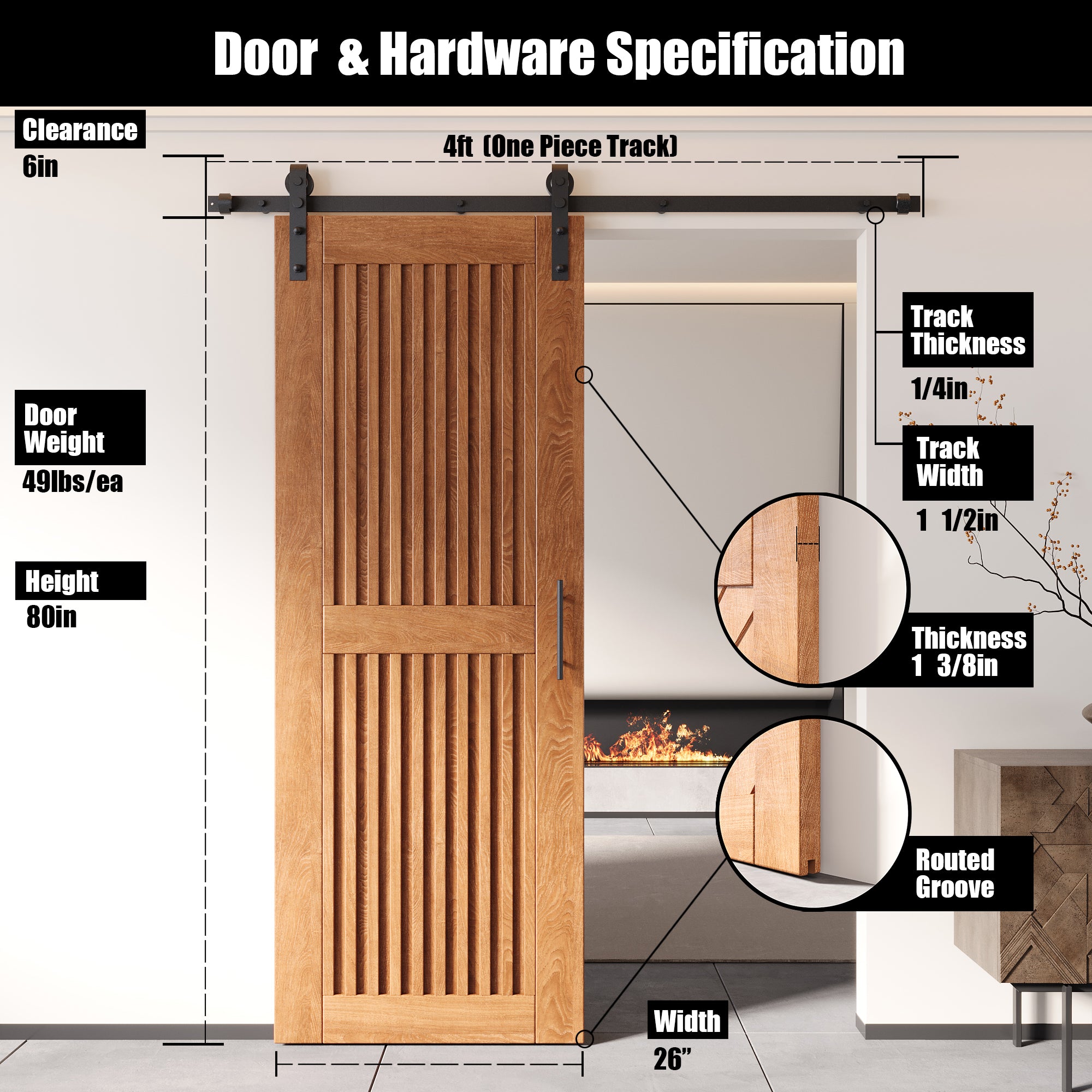 80" Height Early American Vertical Stripe Design Unassembled & Finished Pine Wood Barn Door with Non-Bypass Installation Hardware Kit(Interior Use Only)