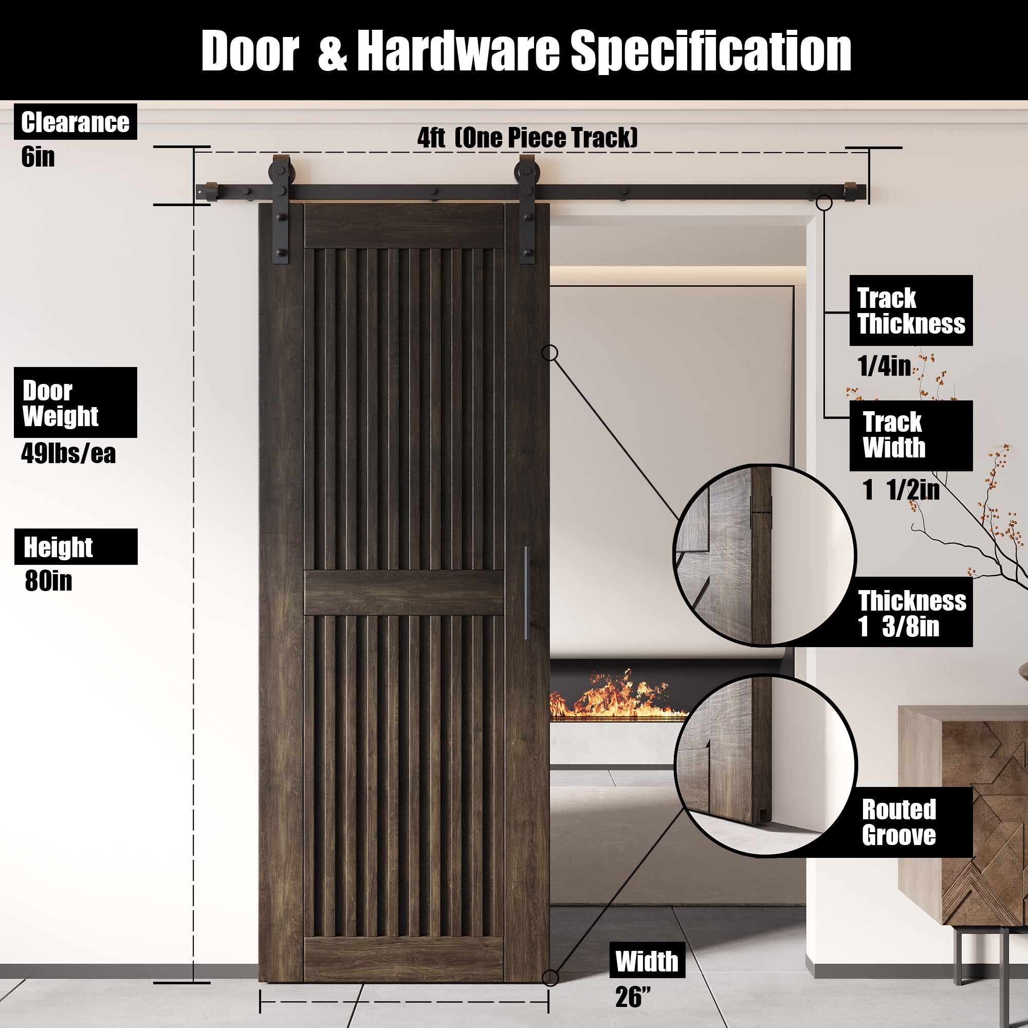 80" Height Ebony Vertical Stripe Design Unassembled & Finished Pine Wood Barn Door with Non-Bypass Installation Hardware Kit(Interior Use Only)