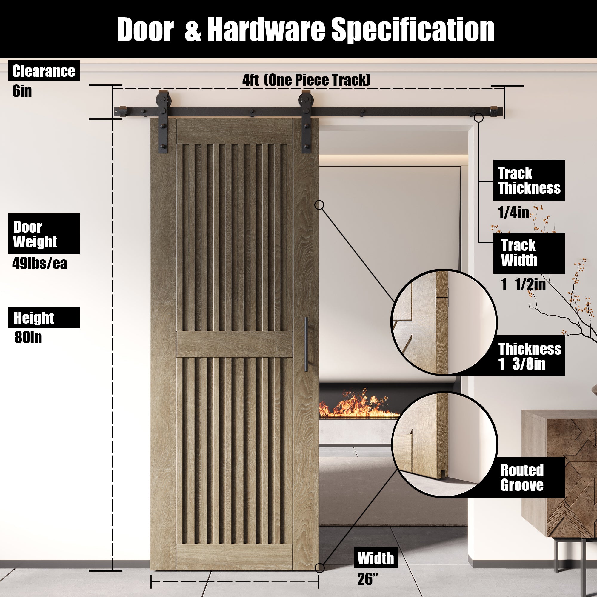 80" Height Classic Gray Vertical Stripe Design Unassembled & Finished Pine Wood Barn Door with Non-Bypass Installation Hardware Kit(Interior Use Only)