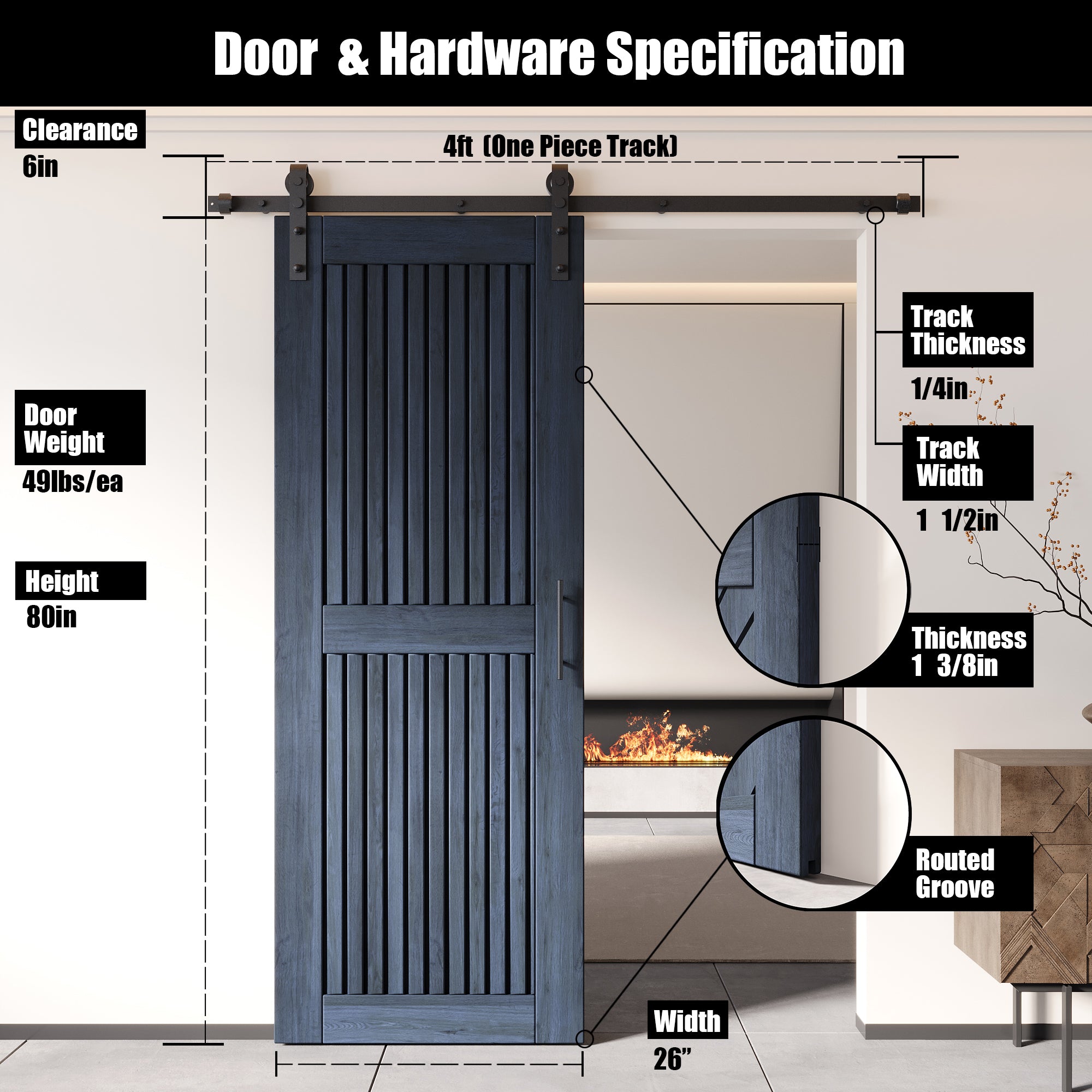 80" Height Navy Vertical Stripe Design Unassembled & Finished Pine Wood Barn Door with Non-Bypass Installation Hardware Kit(Interior Use Only)