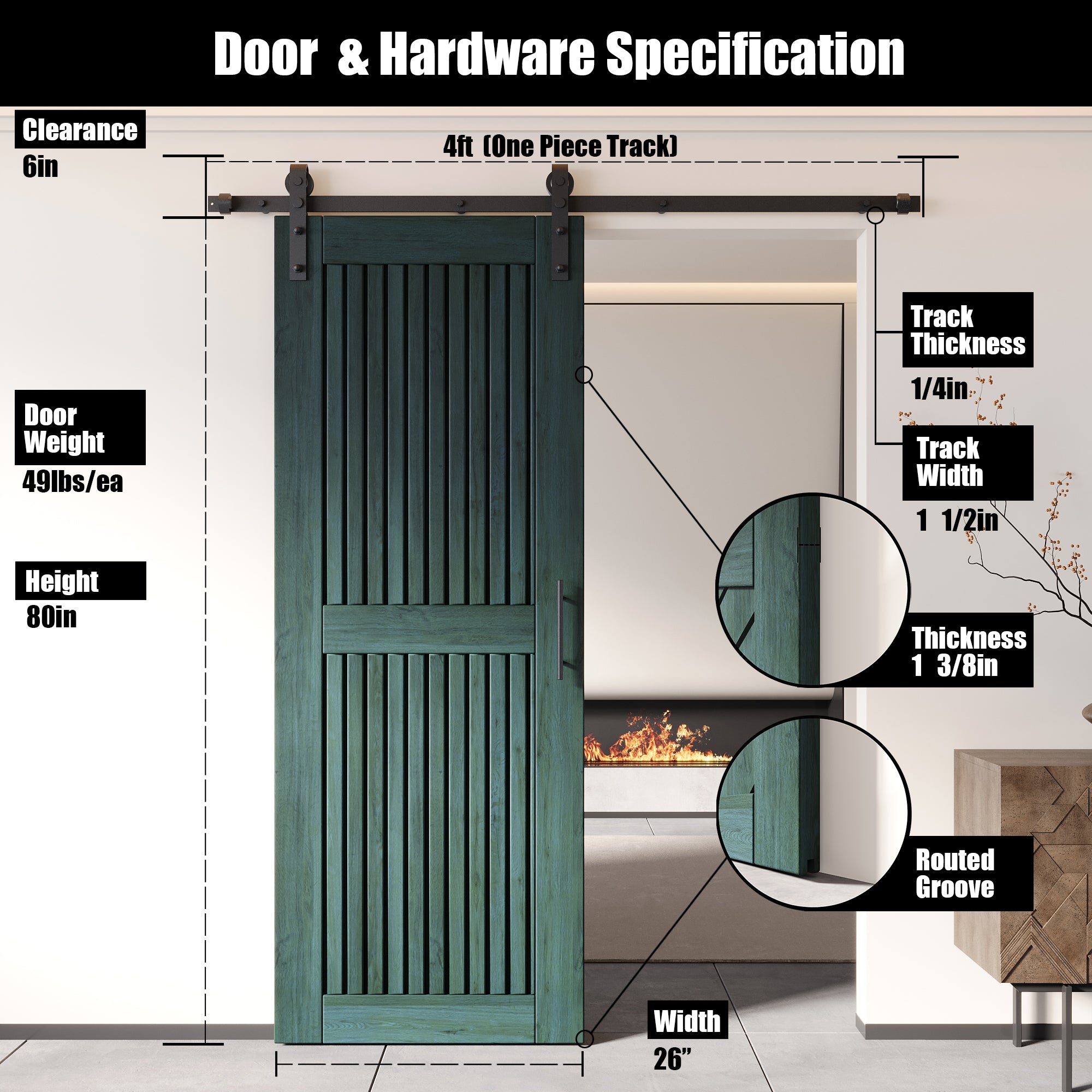 80" Height Royal Pine Vertical Stripe Design Unassembled & Finished Pine Wood Barn Door with Non-Bypass Installation Hardware Kit(Interior Use Only)