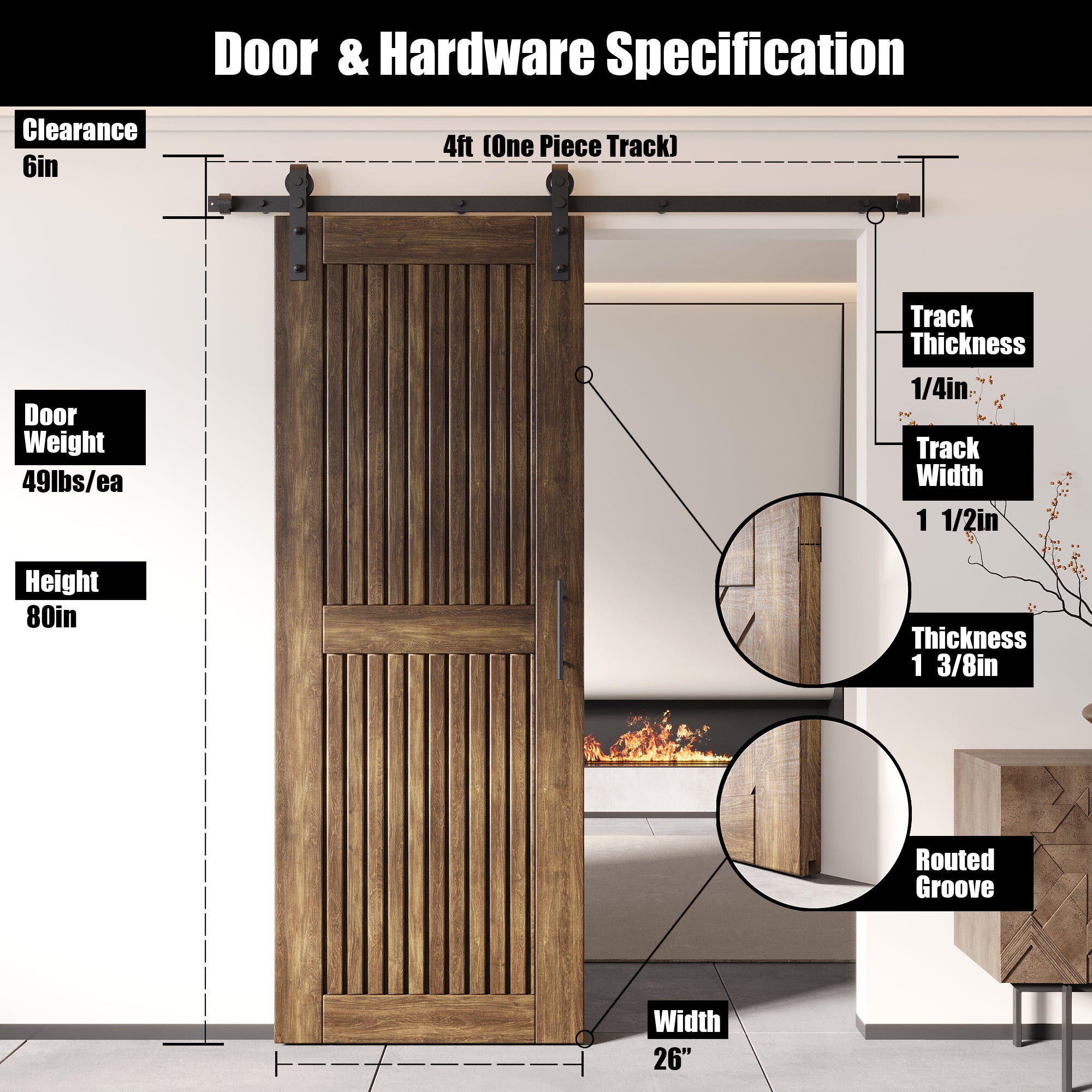 80" Height Dark Walnut Vertical Stripe Design Unassembled & Finished Pine Wood Barn Door with Non-Bypass Installation Hardware Kit(Interior Use Only)