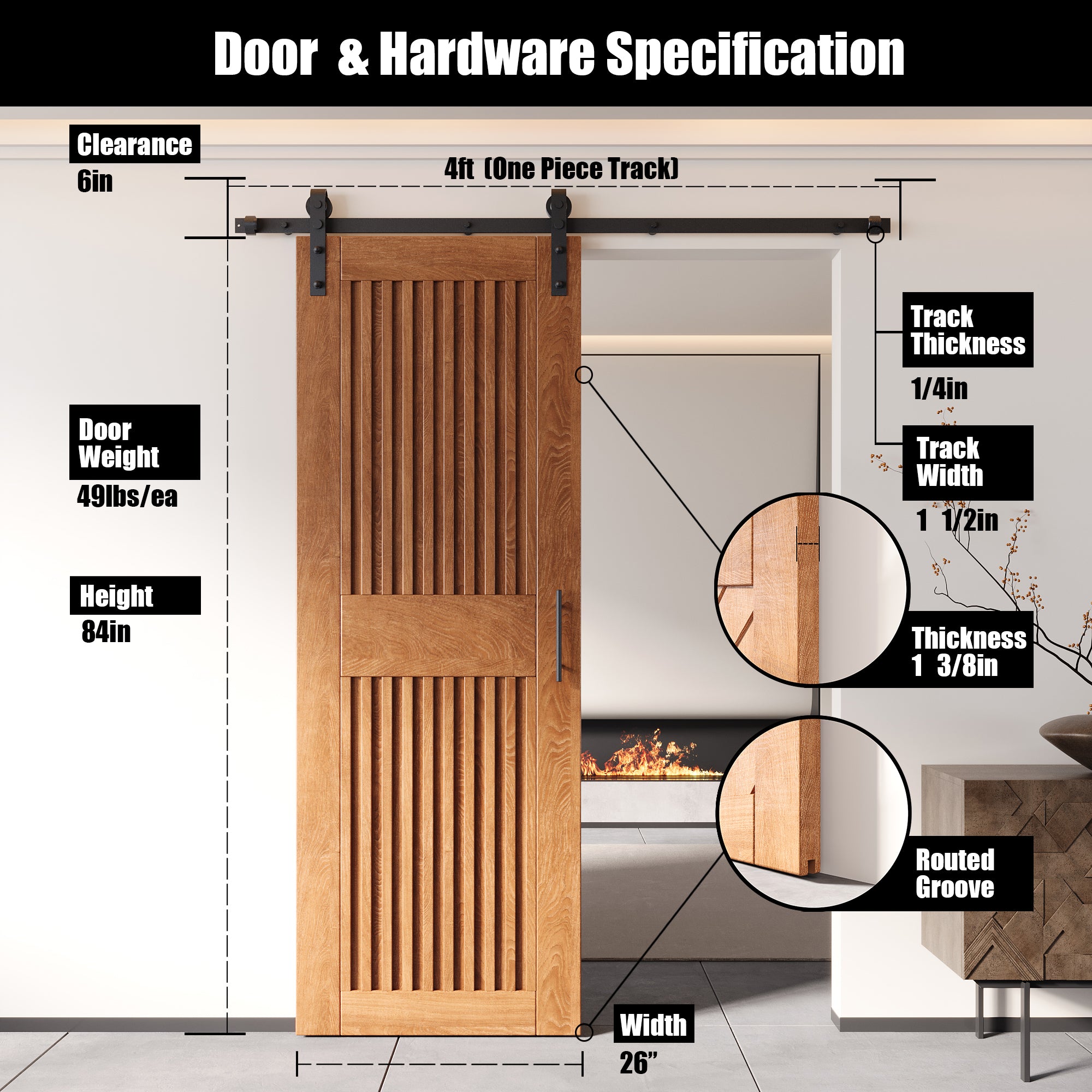 84" Height Early American Vertical Stripe Design Unassembled & Finished Pine Wood Barn Door with Non-Bypass Installation Hardware Kit(Interior Use Only)