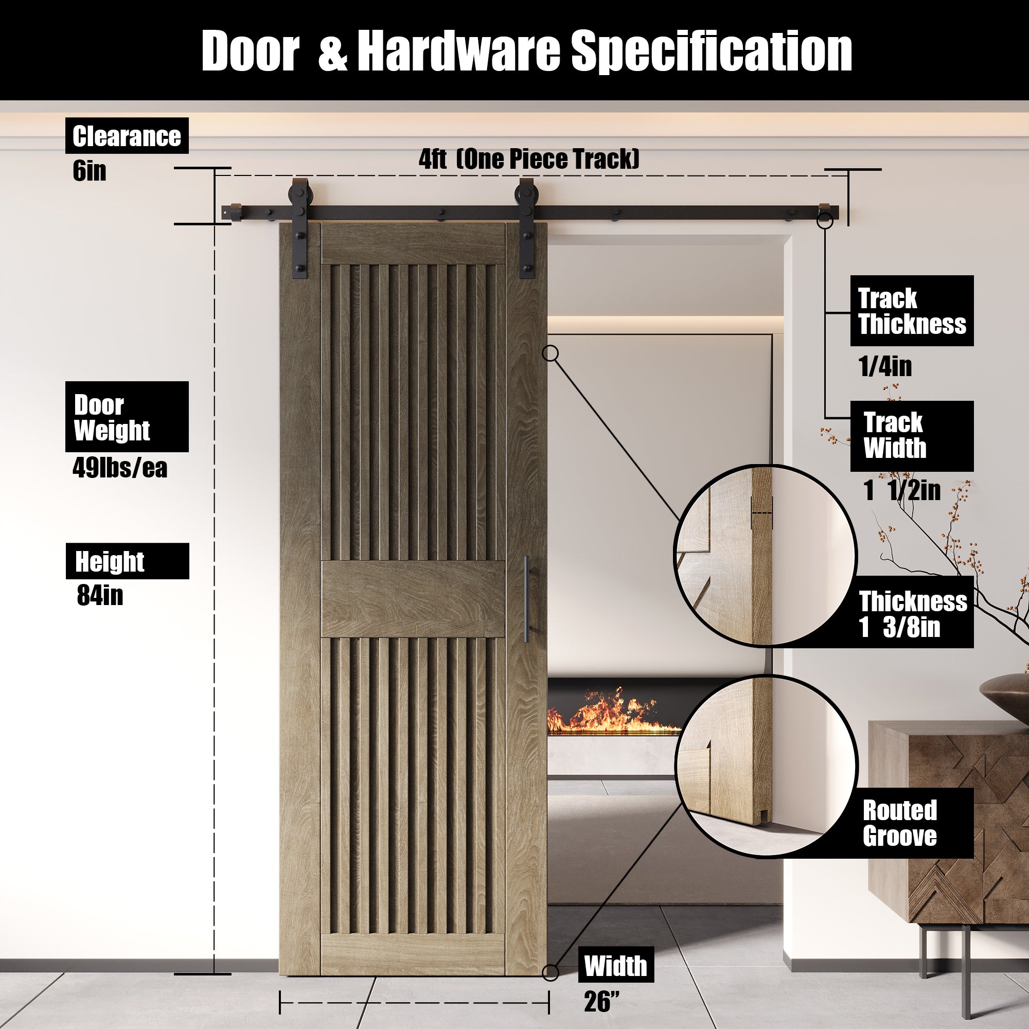 84" Height Classic Gray Vertical Stripe Design Unassembled & Finished Pine Wood Barn Door with Non-Bypass Installation Hardware Kit(Interior Use Only)