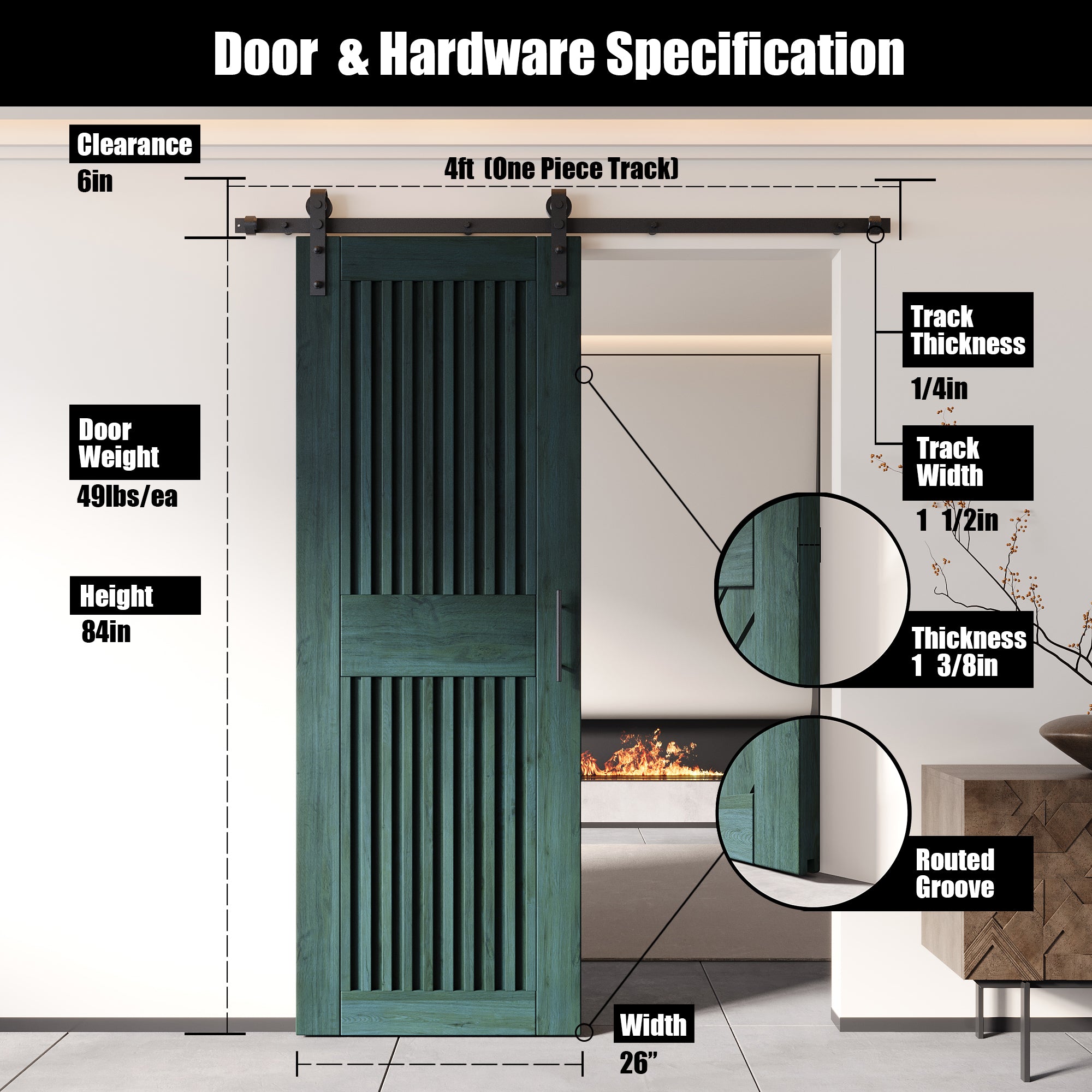 84" Height Royal Pine Vertical Stripe Design Unassembled & Finished Pine Wood Barn Door with Non-Bypass Installation Hardware Kit(Interior Use Only)