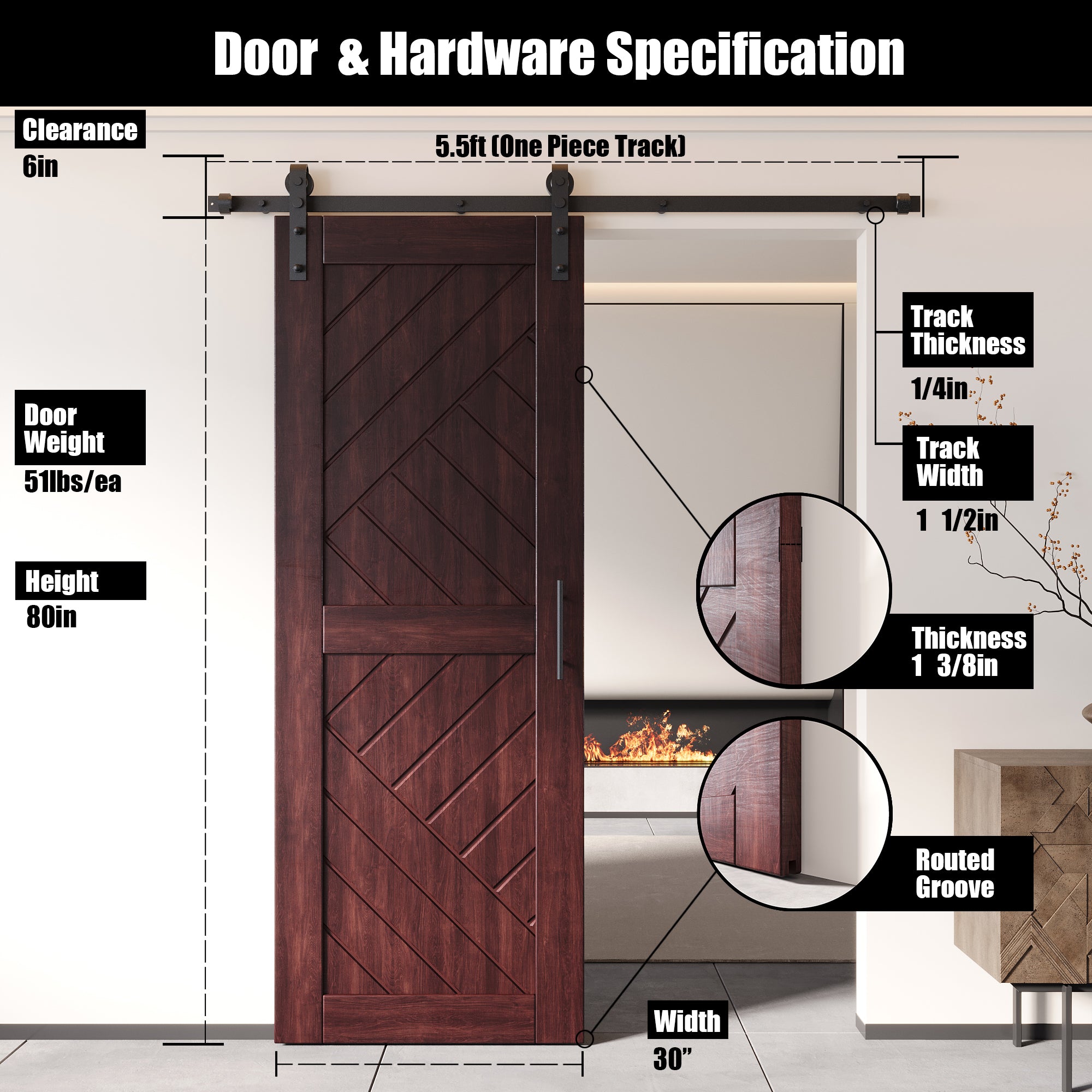 80" Height Red Mahogany Geometric Design Unassembled & Finished Pine Wood Barn Door with Non-Bypass Installation Hardware Kit(Interior Use Only)