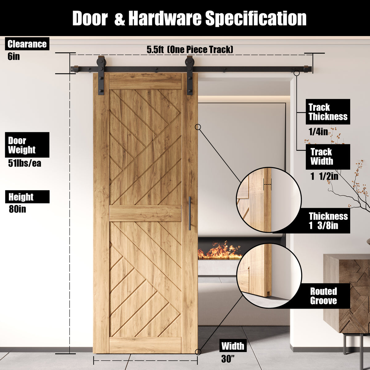 80" Height Geometric Design Unassembled & Unfinished Pine Wood Barn Door with Non-Bypass Installation Hardware Kit(Interior Use Only)