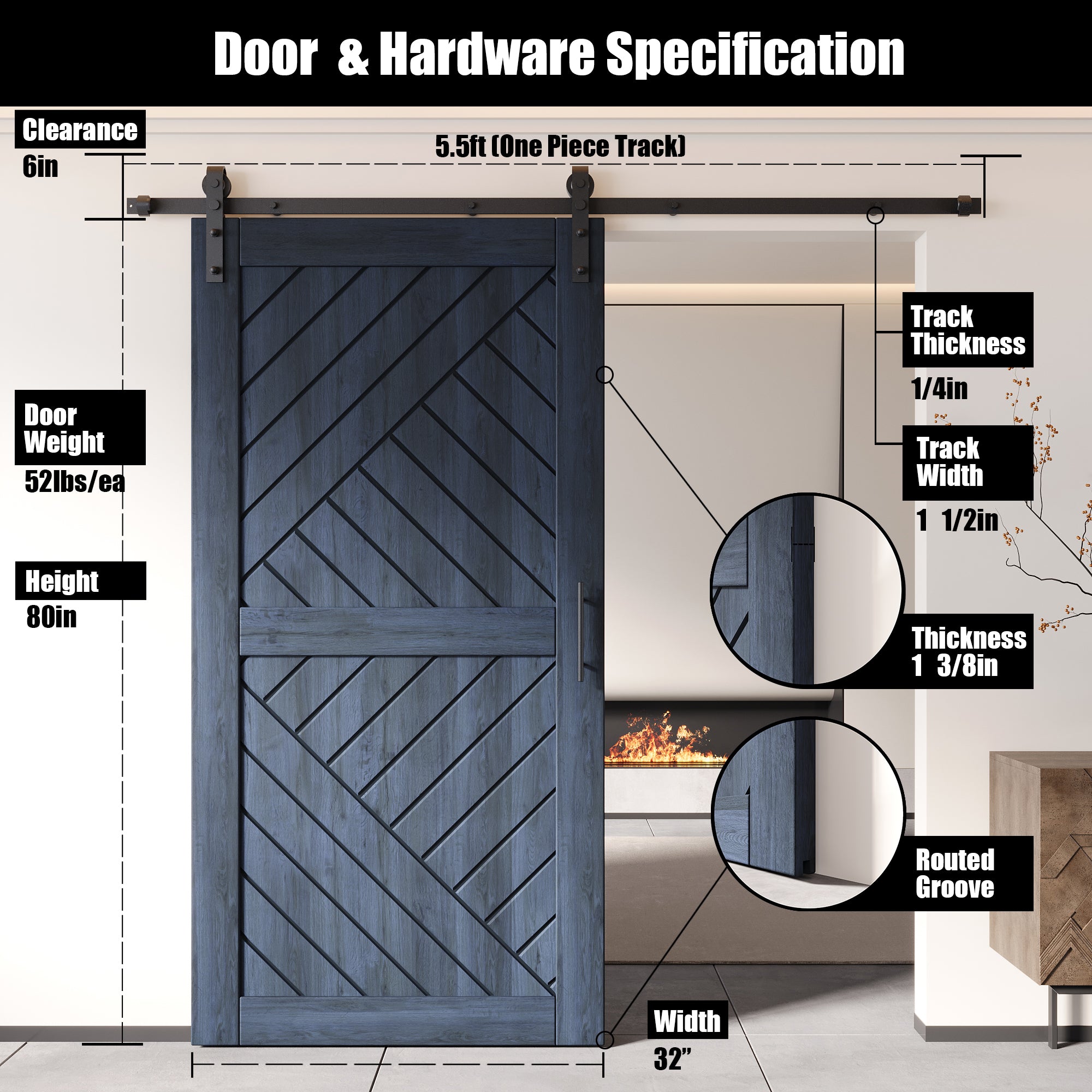80" Height Navy Geometric Design Unassembled & Finished Pine Wood Barn Door with Non-Bypass Installation Hardware Kit(Interior Use Only)