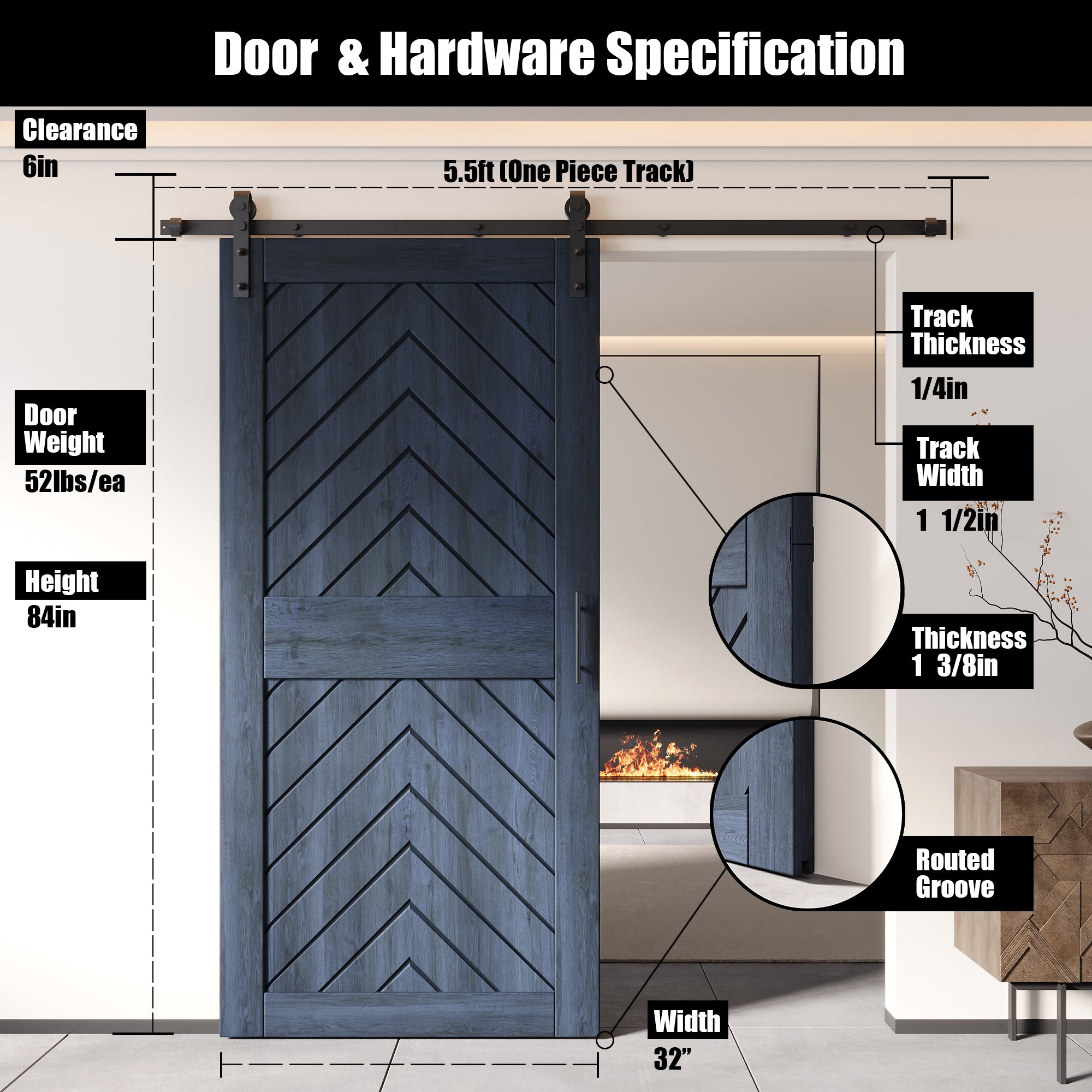 sliding barn door hardware kit with door pine wood barn door navy fishbone design