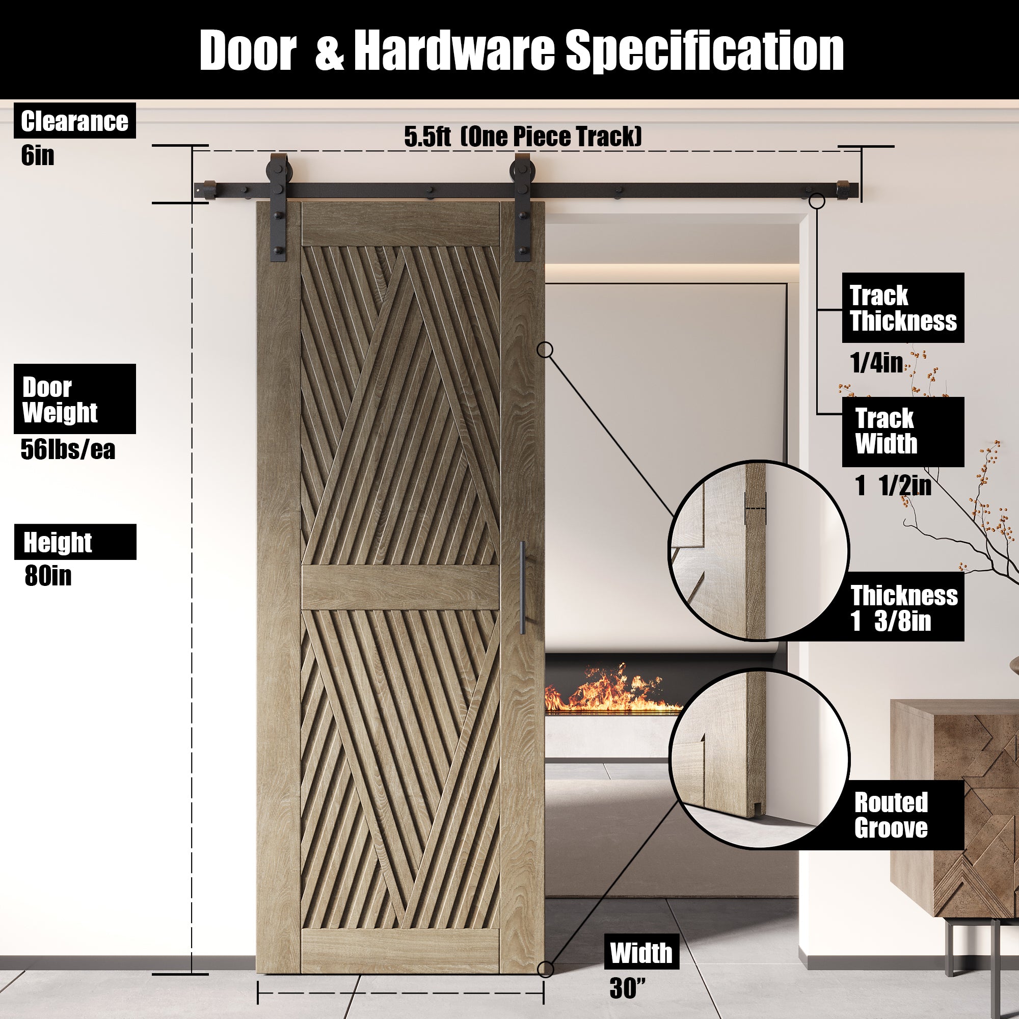 80" Height Classic Gray Diamond Design Unassembled & Finished Pine Wood Barn Door with Non-Bypass Installation Hardware Kit(Interior Use Only)