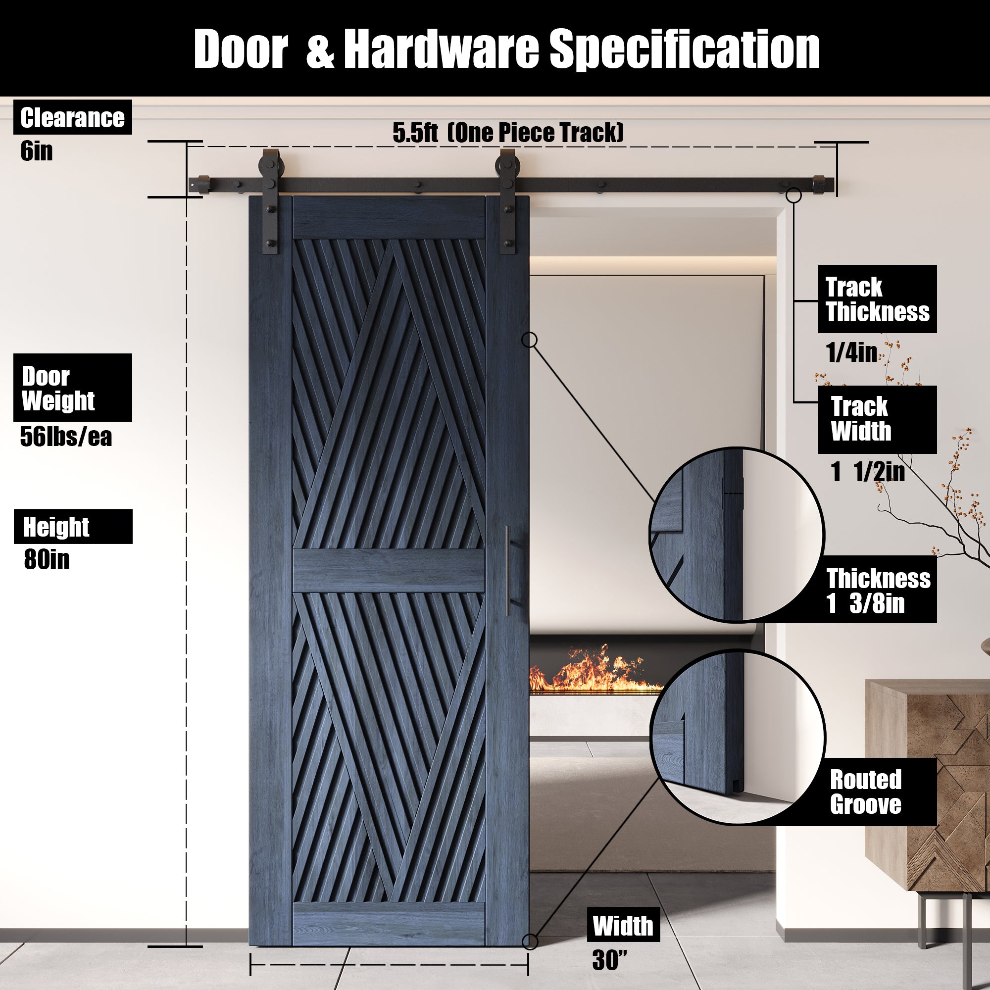80" Height Navy Diamond Design Unassembled & Finished Pine Wood Barn Door with Non-Bypass Installation Hardware Kit(Interior Use Only)